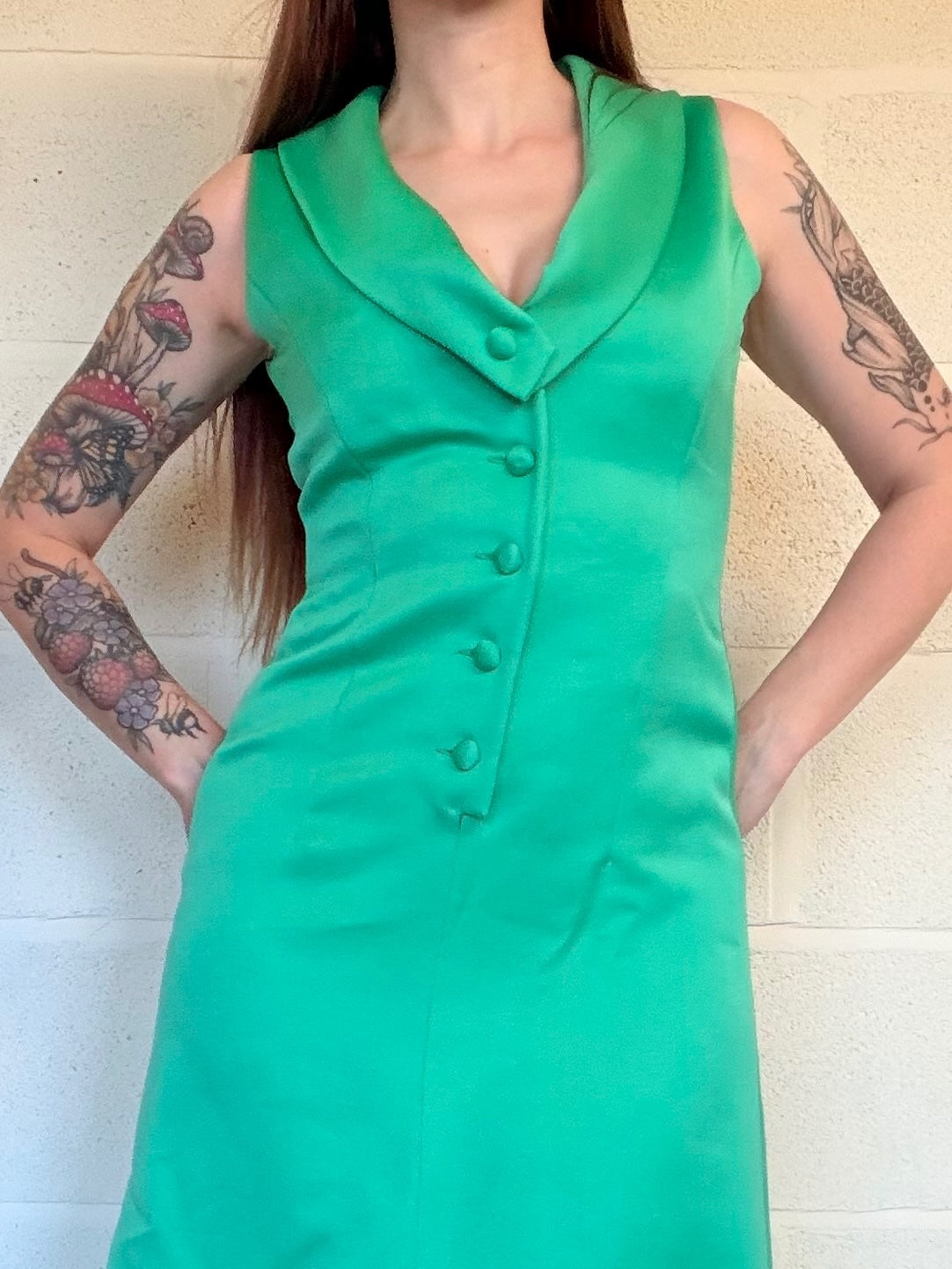 Vintage 1970s Maxi Dress Green Sleeveless with Button Detail Size 12