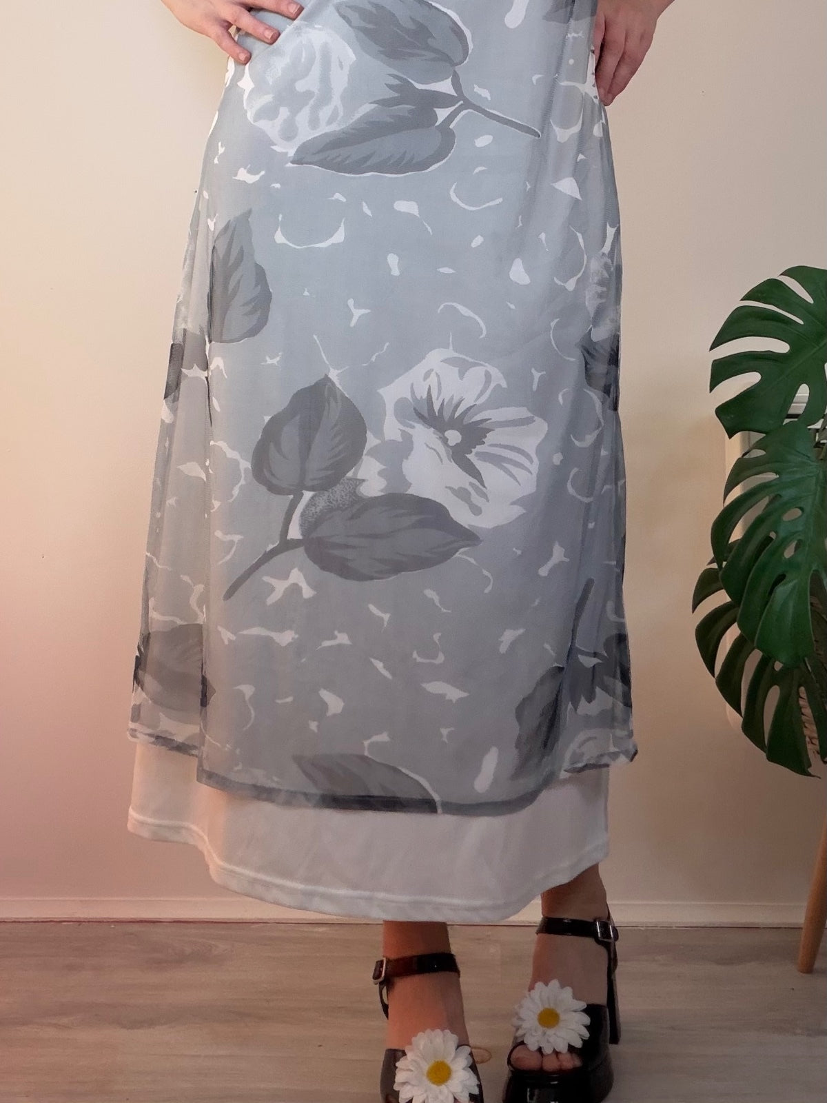 Layered Floral Maxi Dress with Sheer Overlay Grey White Y2K Style Size 14