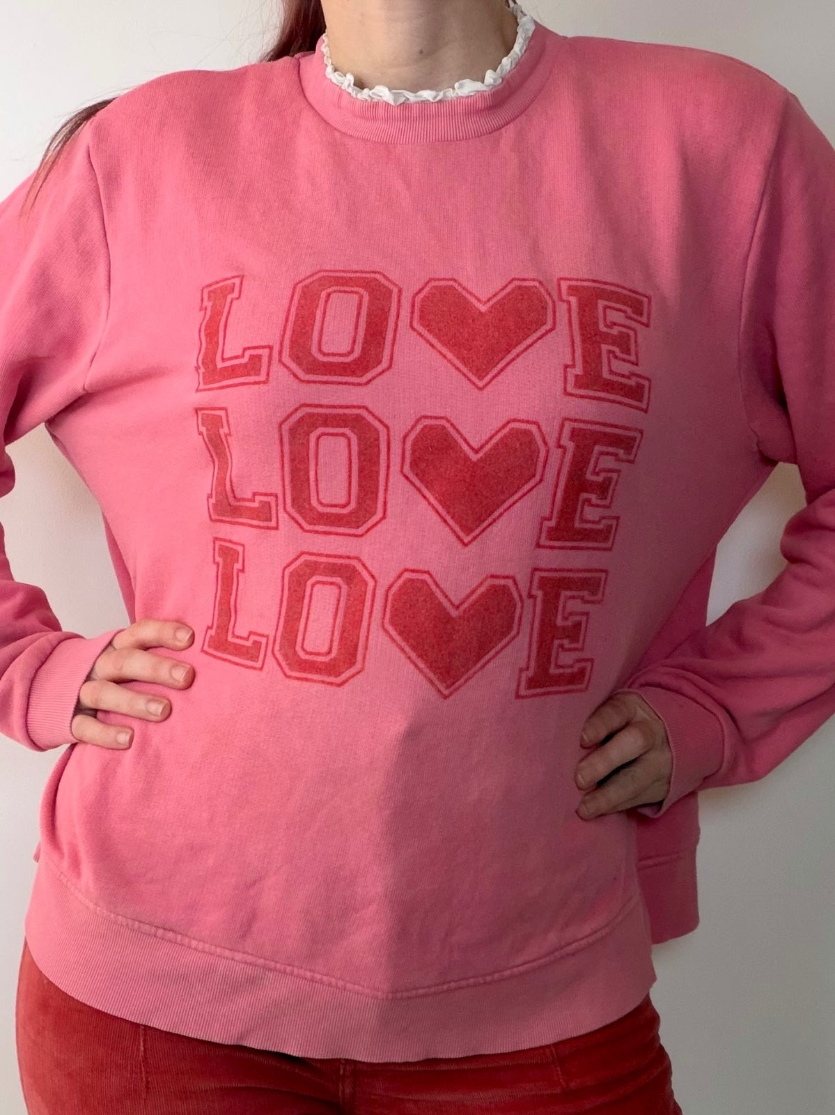 Pink LOVE Heart Jumper By Next Frilly Cotton Graphic Sweatshirt Size L 14 to 16