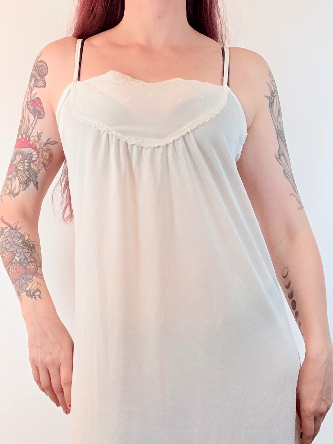 Vintage Cream Slip Dress Long Babydoll Night Dress with Delicate Lace Size 12