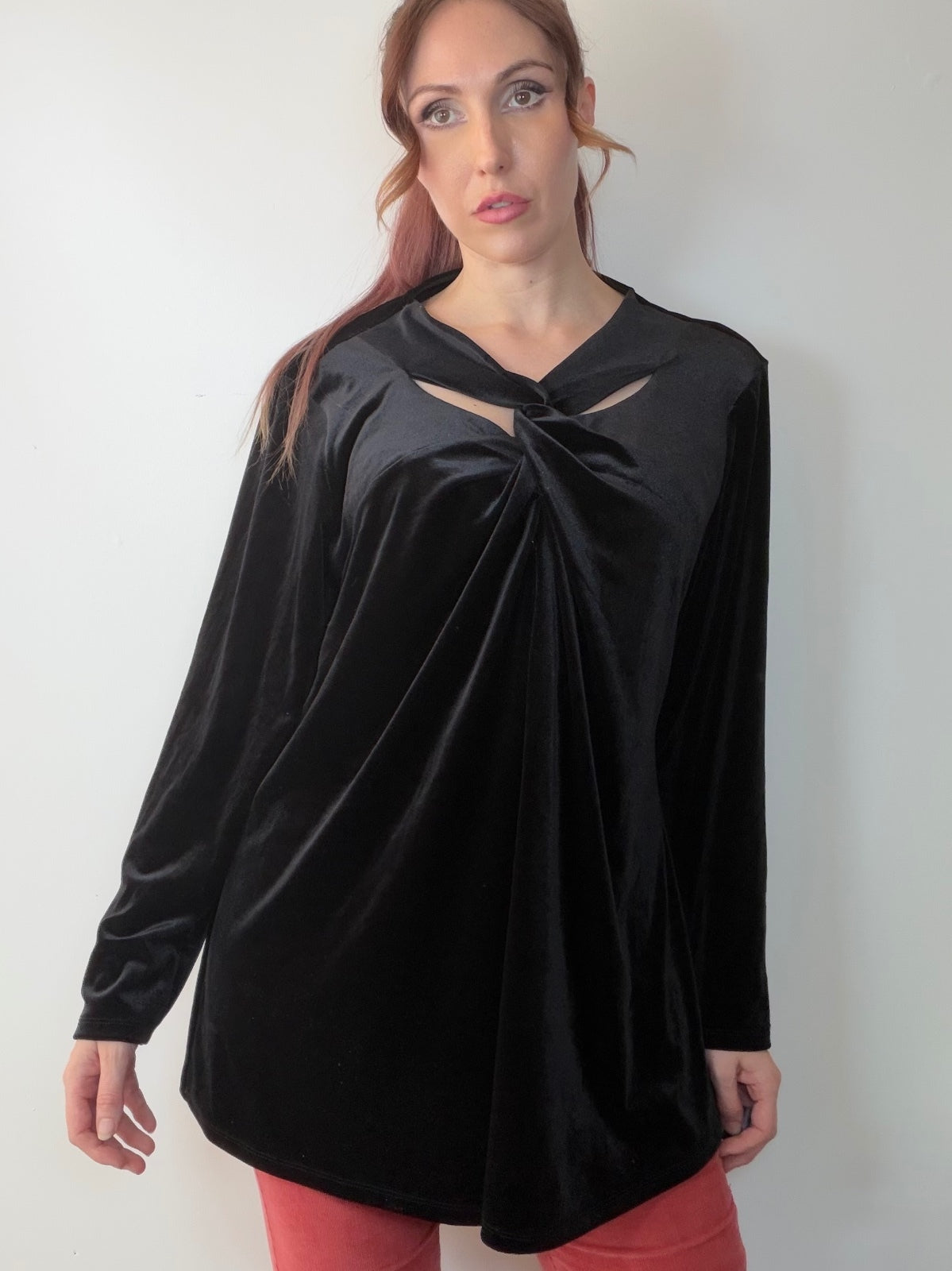 Black Velvet Long Sleeve Top with Twist and Cutout Detail By Anthology Size UK24