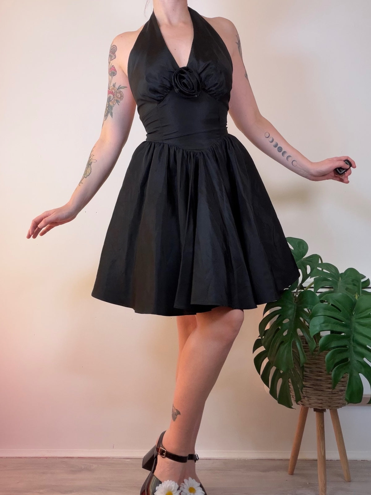 Vintage Black Halter Dress with Flower embellishment and Full Skirt Size 8