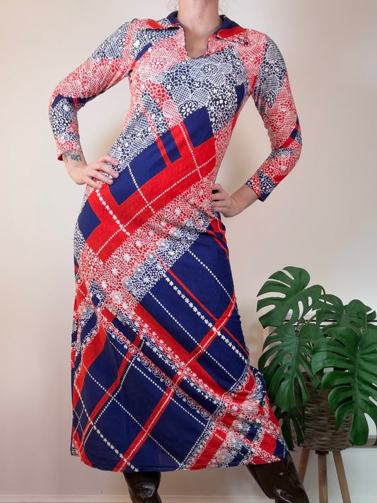 Vintage 1970s Dress Long Sleeve Maxi Dress in Bold Red and Navy Plaid Size 10 12