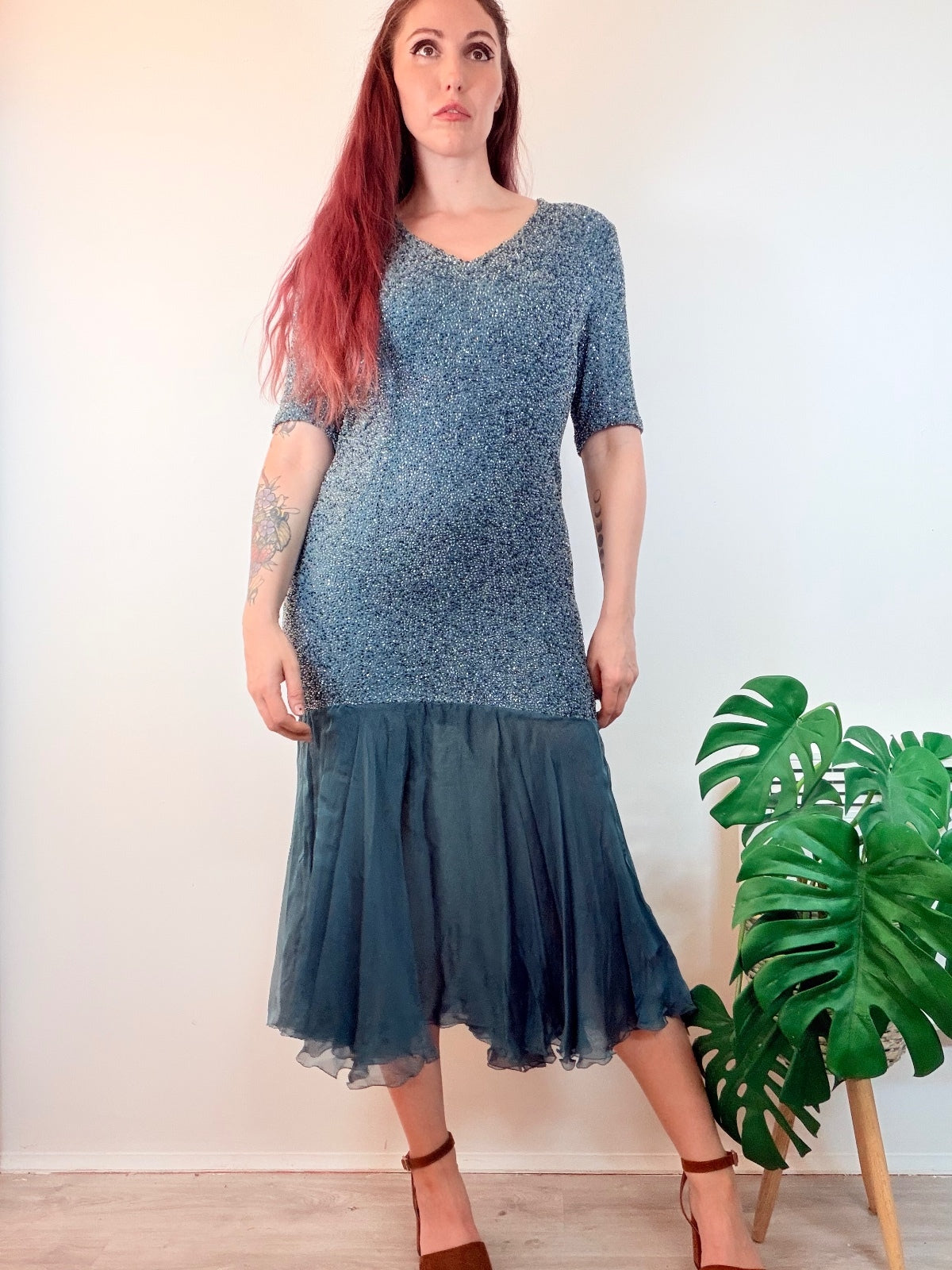 Vintage 1980s Cocktail Dress Beaded Embroidered and Sheer Flared Hem Size 14