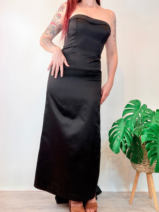 Vintage Y2K Prom Dress Strapless Black Satin Evening Gown with Train Size 8