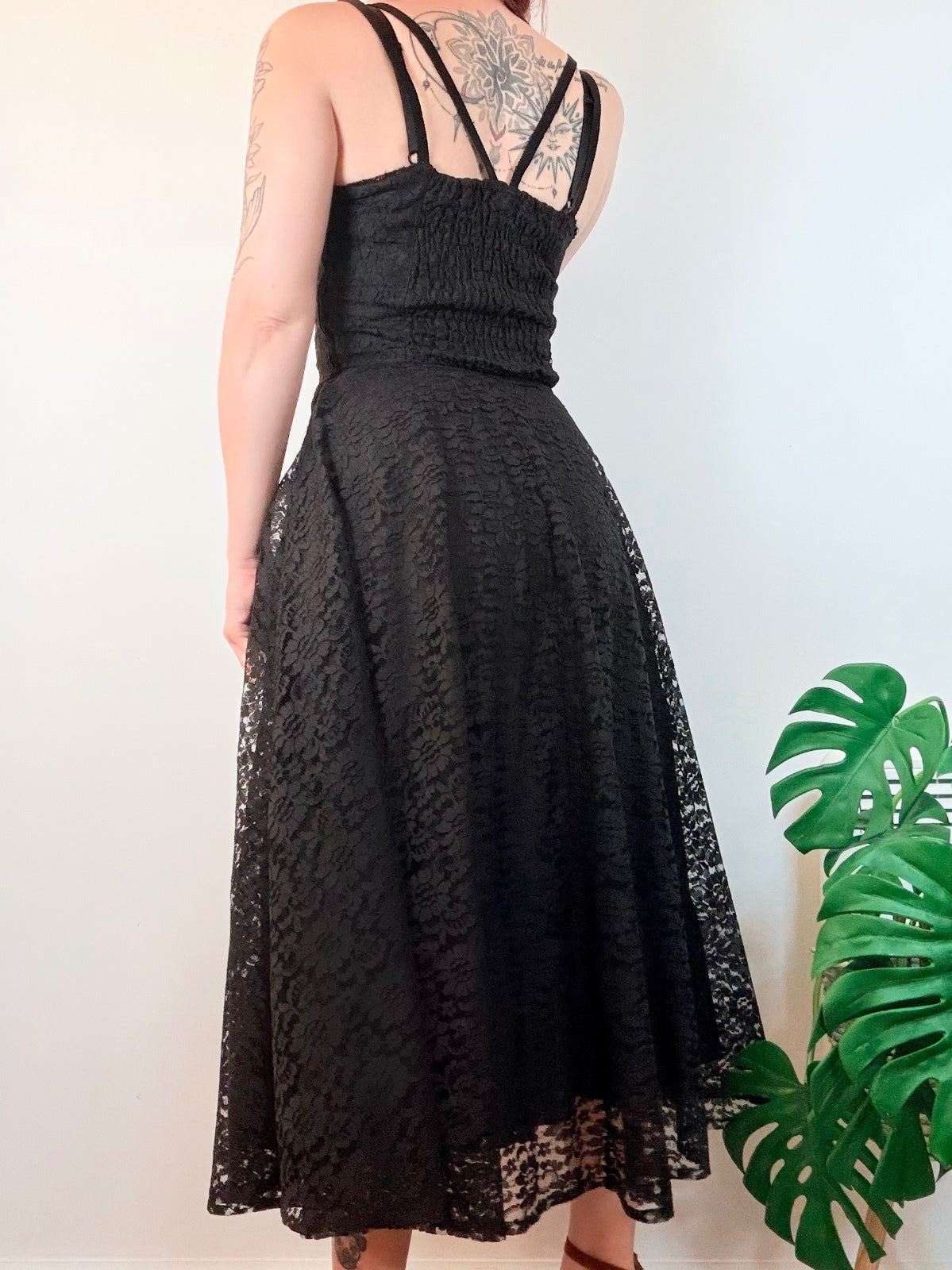 Vintage 1980s Party Dress Black Lace Midi Dress with Nude Illusion Panel Size 10