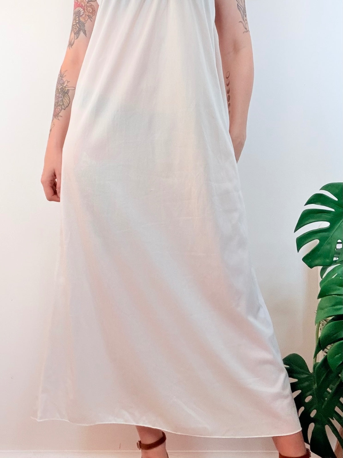 Vintage Cream Slip Dress Long Babydoll Night Dress with Delicate Lace Size 12