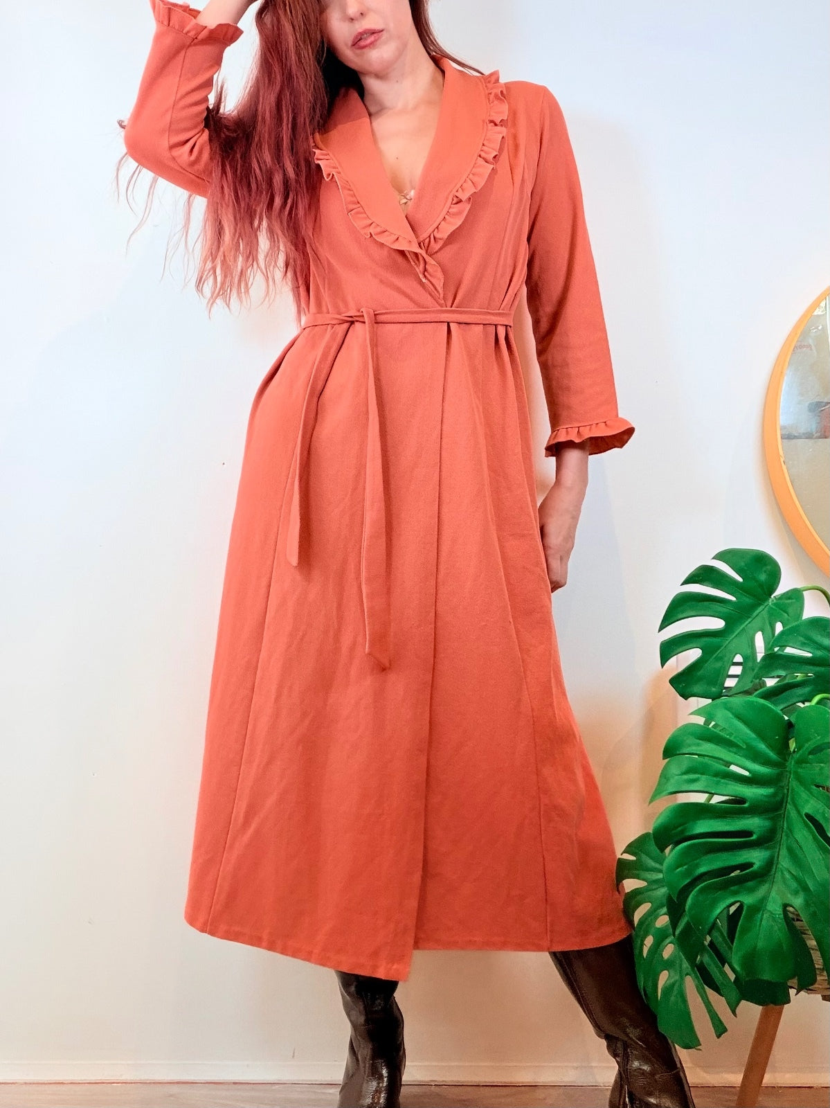 Vintage 1960s Duster Dress Jacket Ruffle Trim Long Sleeve House Coat Size 10 12