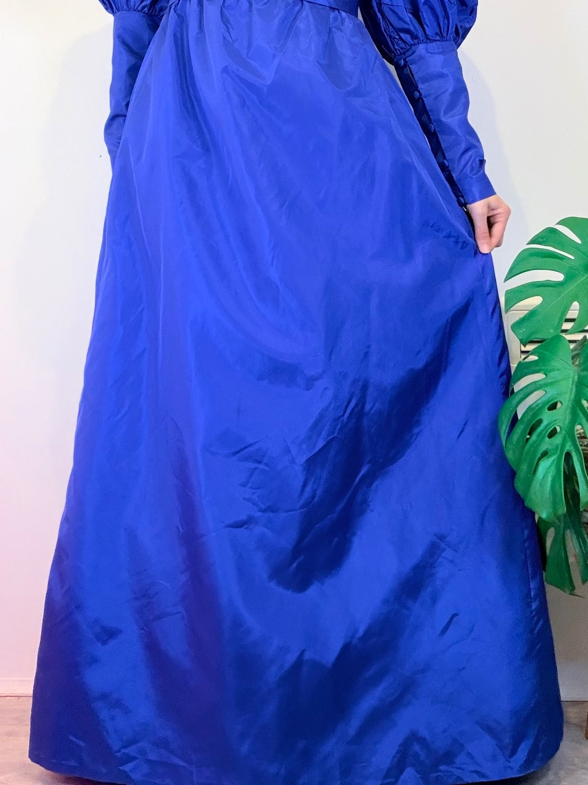 Vintage 1980s Cocktail Dress Blue Puff Sleeve Maxi with Sweetheart Neck Size 12
