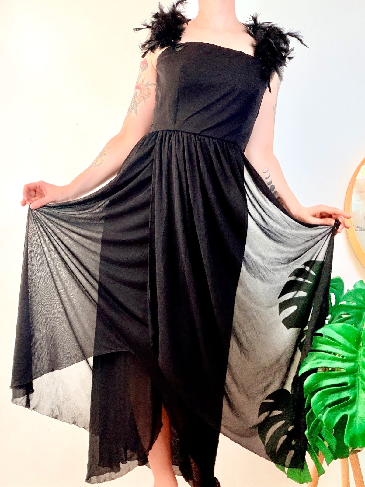 Vintage 1980s Cocktail Dress Black layered prom Maxi with Feather Detail size 10