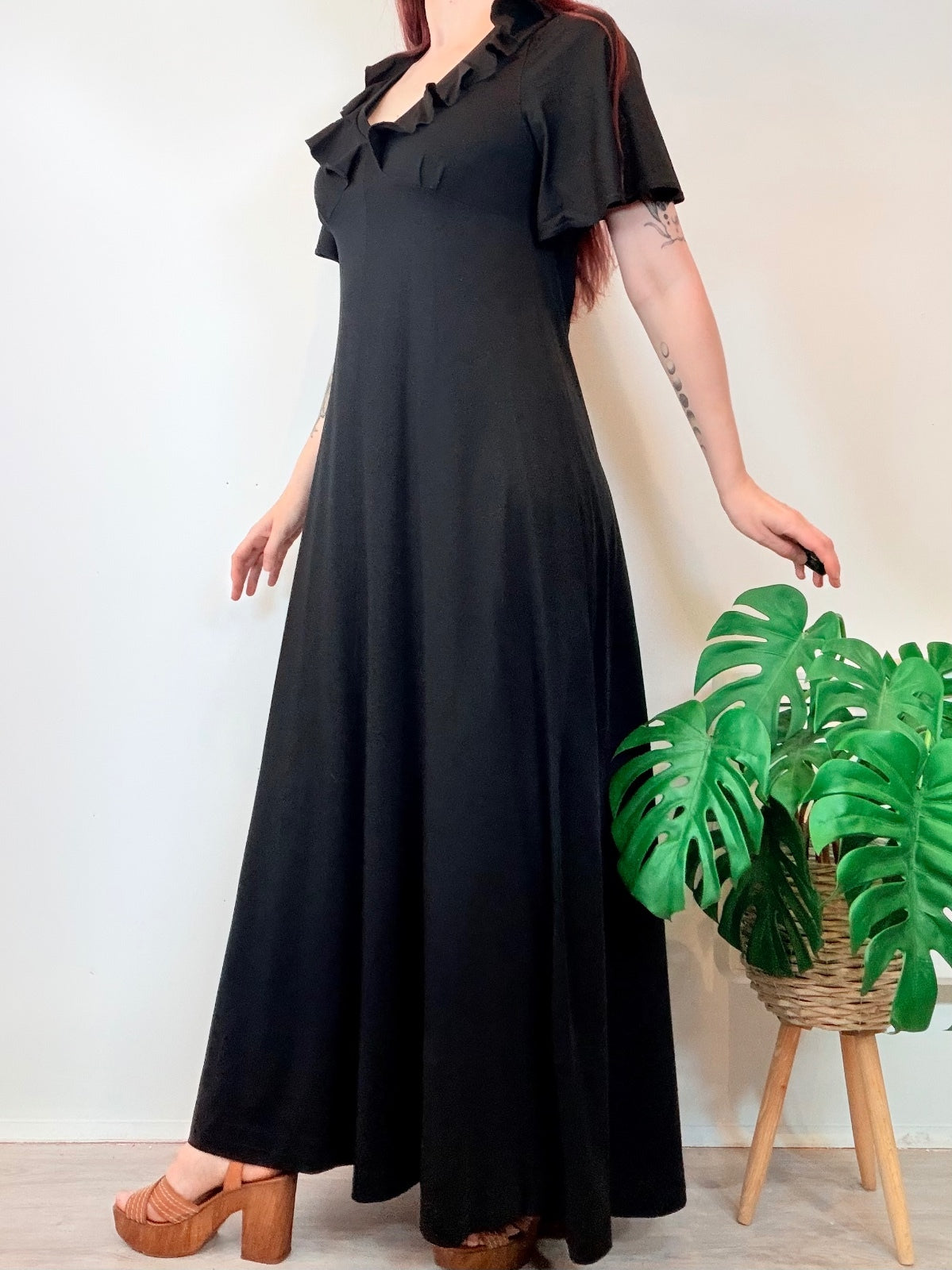 Vintage 1970s Black Maxi Dress with Ruffled V Neck and Flutter Sleeves Size 14