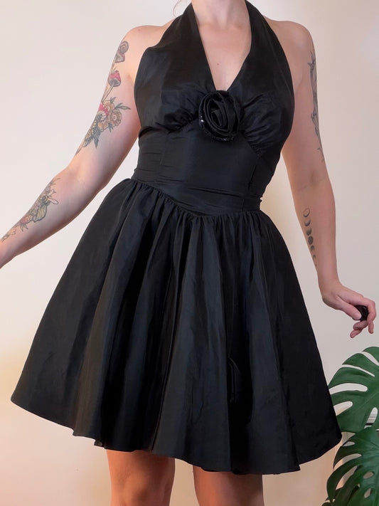 Vintage Black Halter Dress with Flower embellishment and Full Skirt Size 8