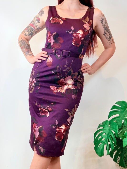 Vintage Y2K Laura Ashley Dress Purple Floral Belted Fitted Pencil Dress Size 10