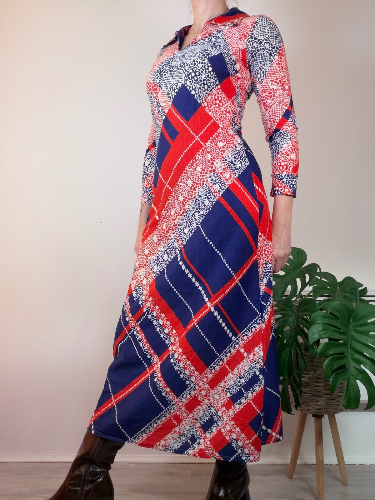 Vintage 1970s Dress Long Sleeve Maxi Dress in Bold Red and Navy Plaid Size 10 12