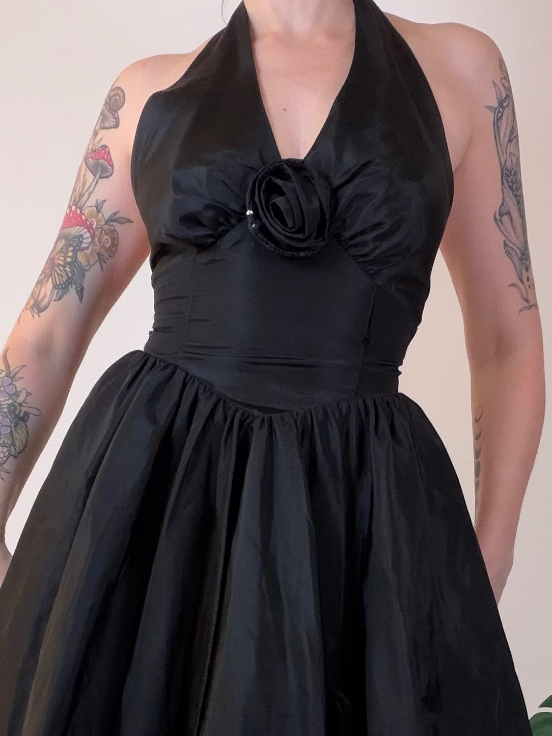 Vintage Black Halter Dress with Flower embellishment and Full Skirt Size 8