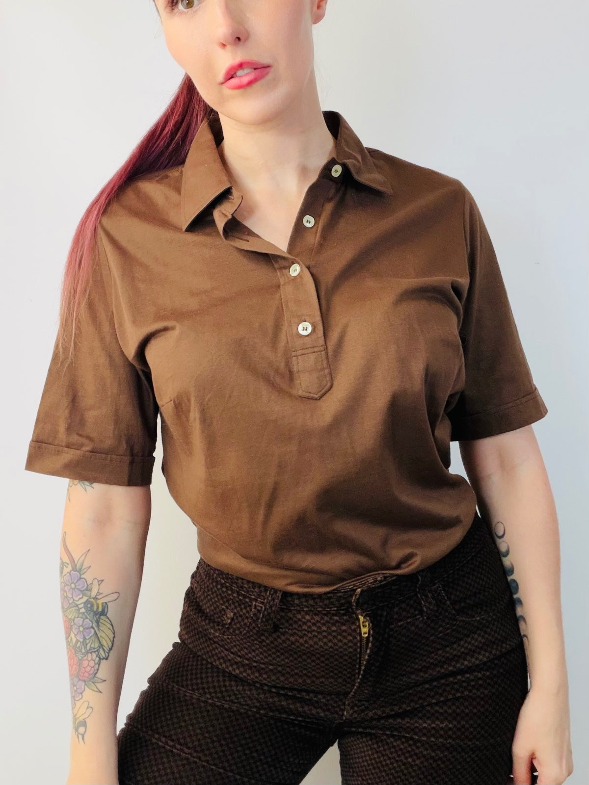 Vintage 1970s Polo Shirt Single Stitch Brown Retro Cotton T-shirt Size 14 to 16