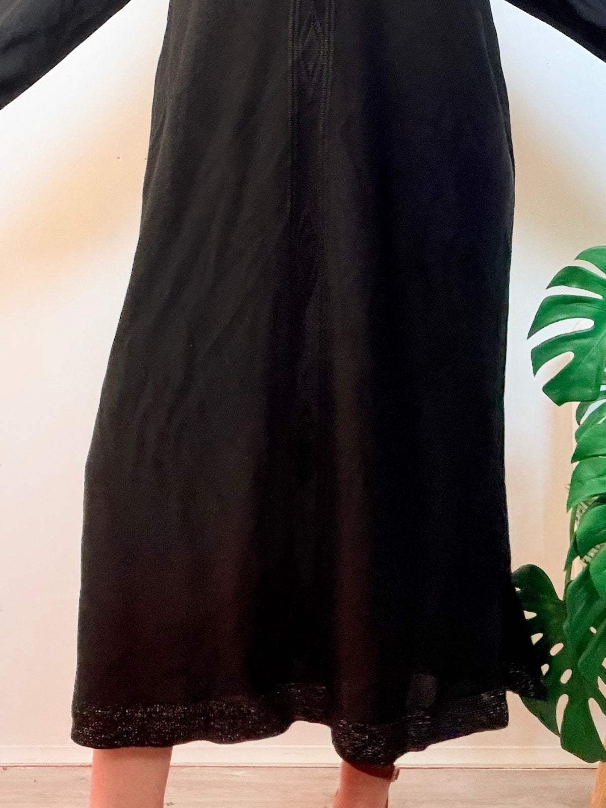 Vintage Black Hooded Kaftan Maxi Dress with Intricate Trim Size L 16 20