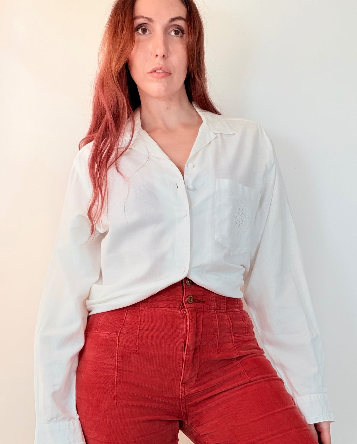 Vintage 1990s White Shirt Linen cotton with Embroidered Pocket size 16