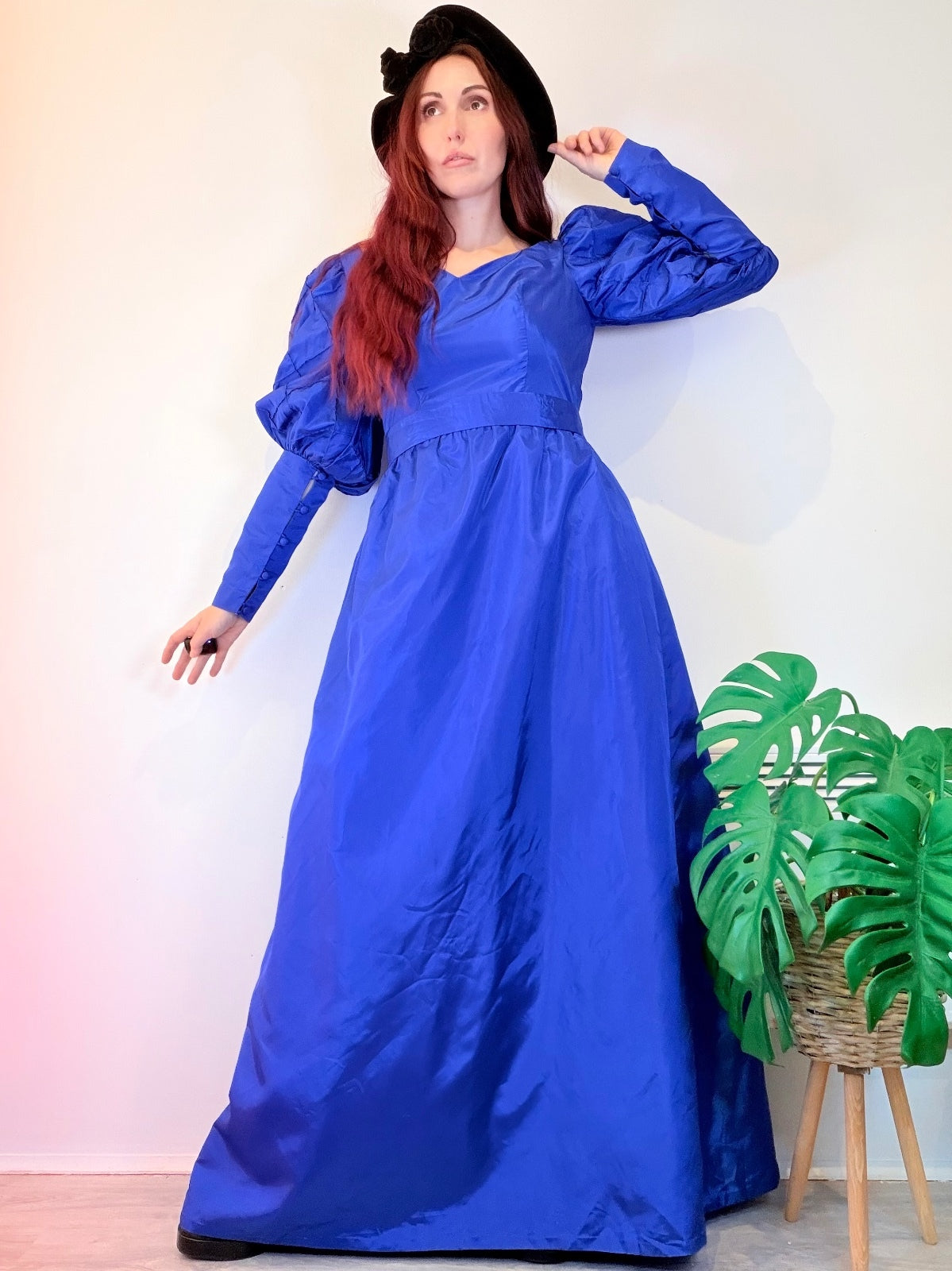 Vintage 1980s Cocktail Dress Blue Puff Sleeve Maxi with Sweetheart Neck Size 12