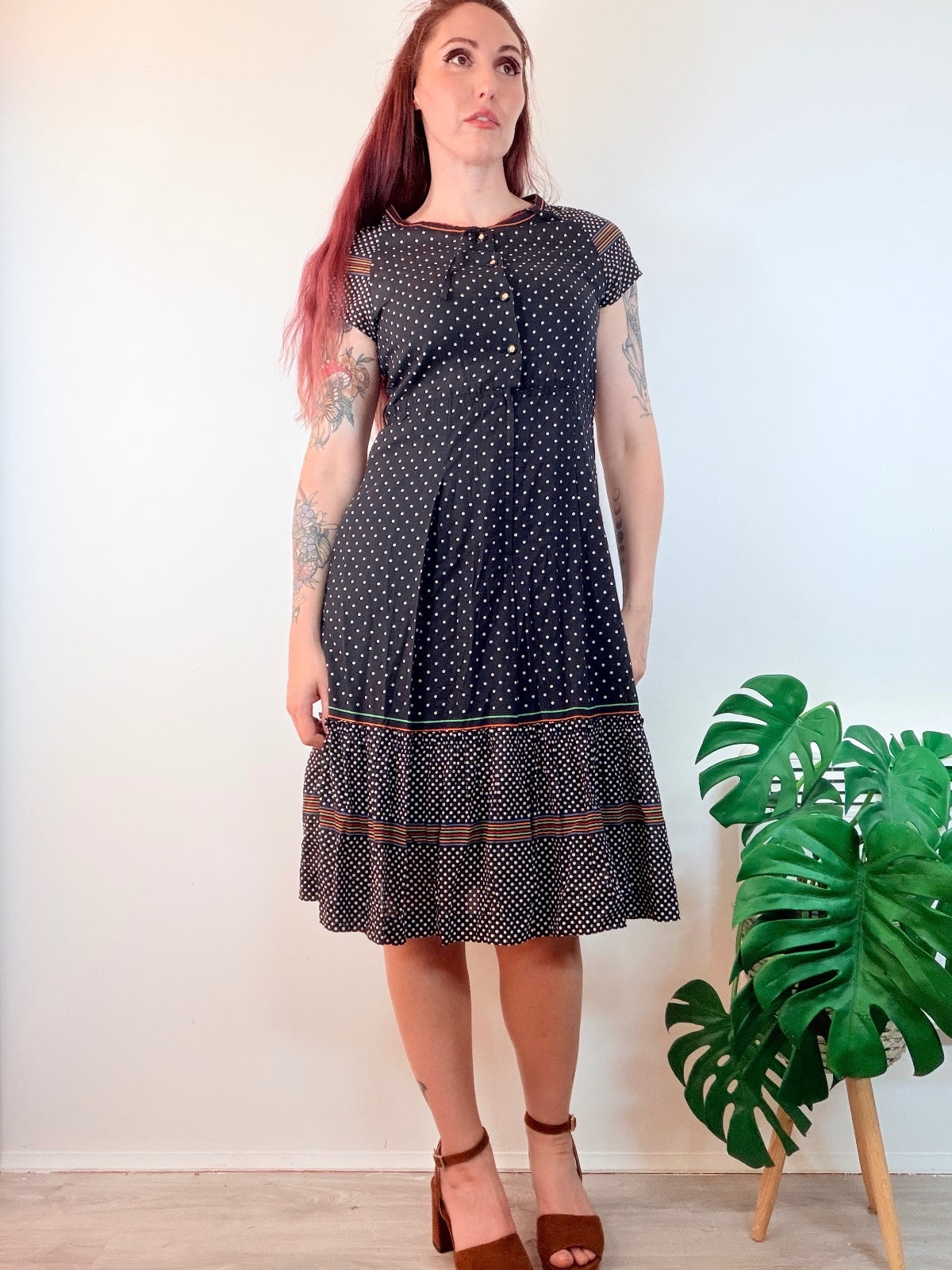 Vintage 1970s shirt Dress Black Polka Dot Midi Dress with Button Detail Size 10