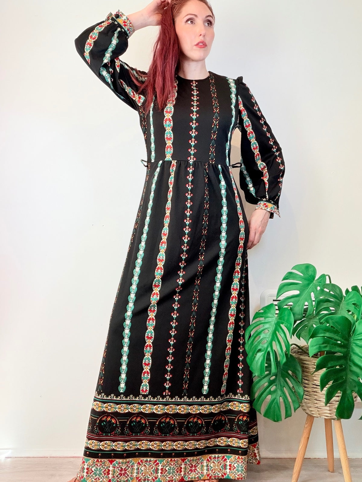 Vintage 1970s Maxi Dress Long Hippie With Stripes and Balloon Sleeves Size 12