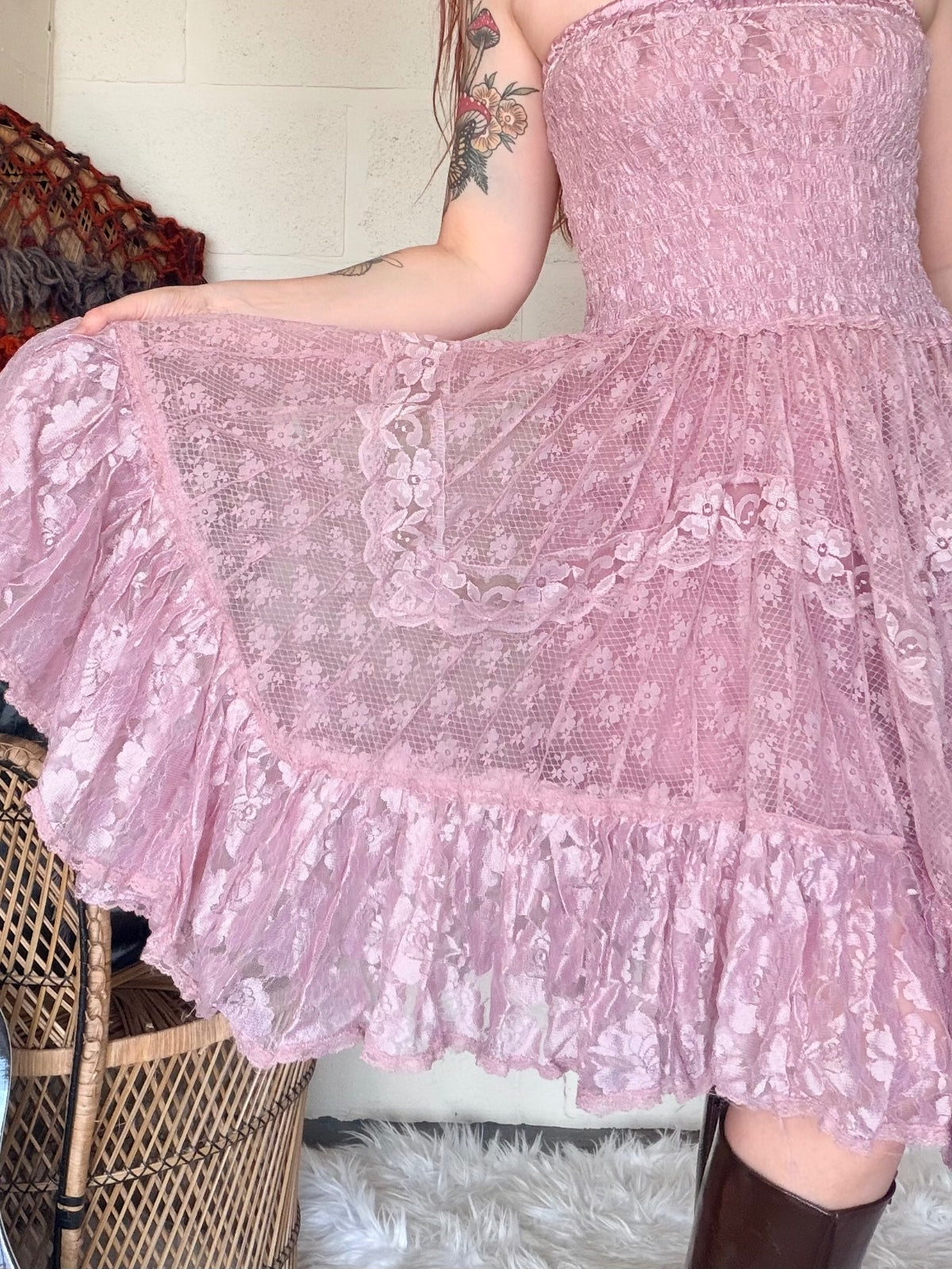Boho lace summer dress Strapless Pink layered frilly fairycore dress size 8 10