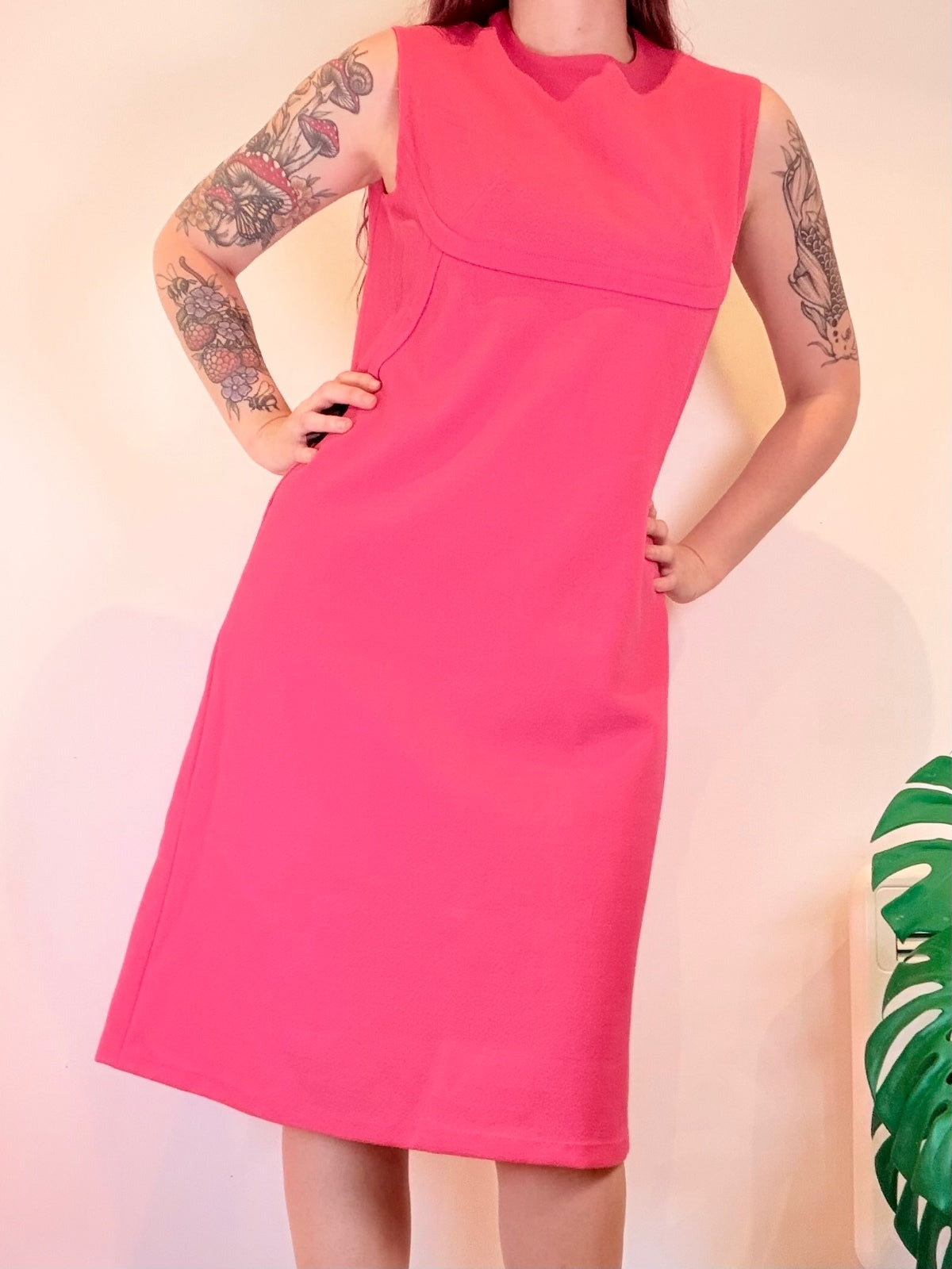Vintage 1960s Shift Dress Sleeveless Pink Midi Dress with High Neck Size 14