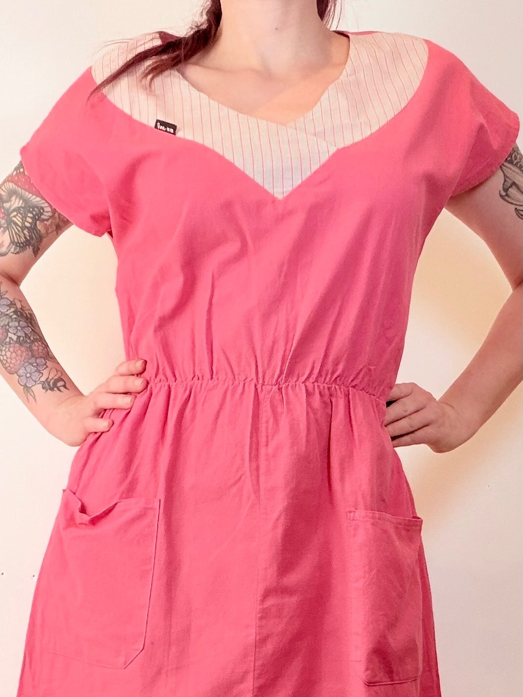 Vintage 1980s Summer Dress Pink Cotton Midi with Pockets Elastic Waist Size 18