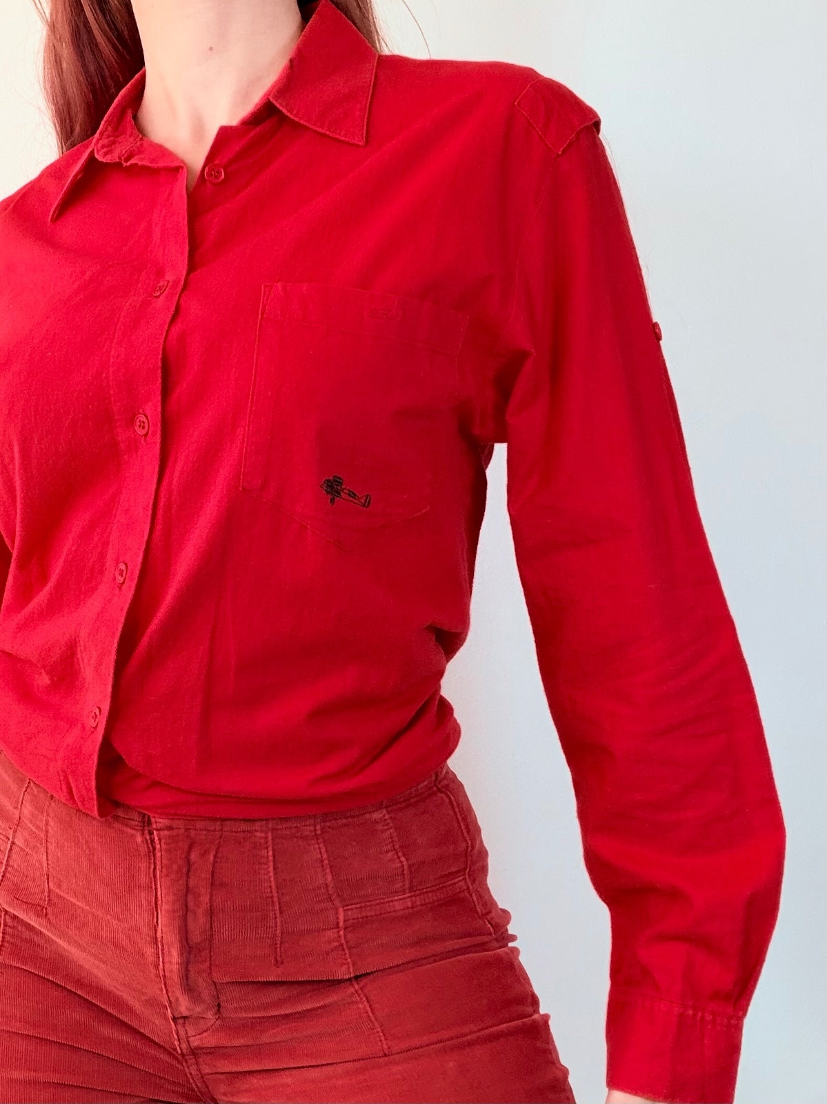 Red Long Sleeve Shirt 100% Cotton with Embroidered Plane Pocket Size 12 to 14