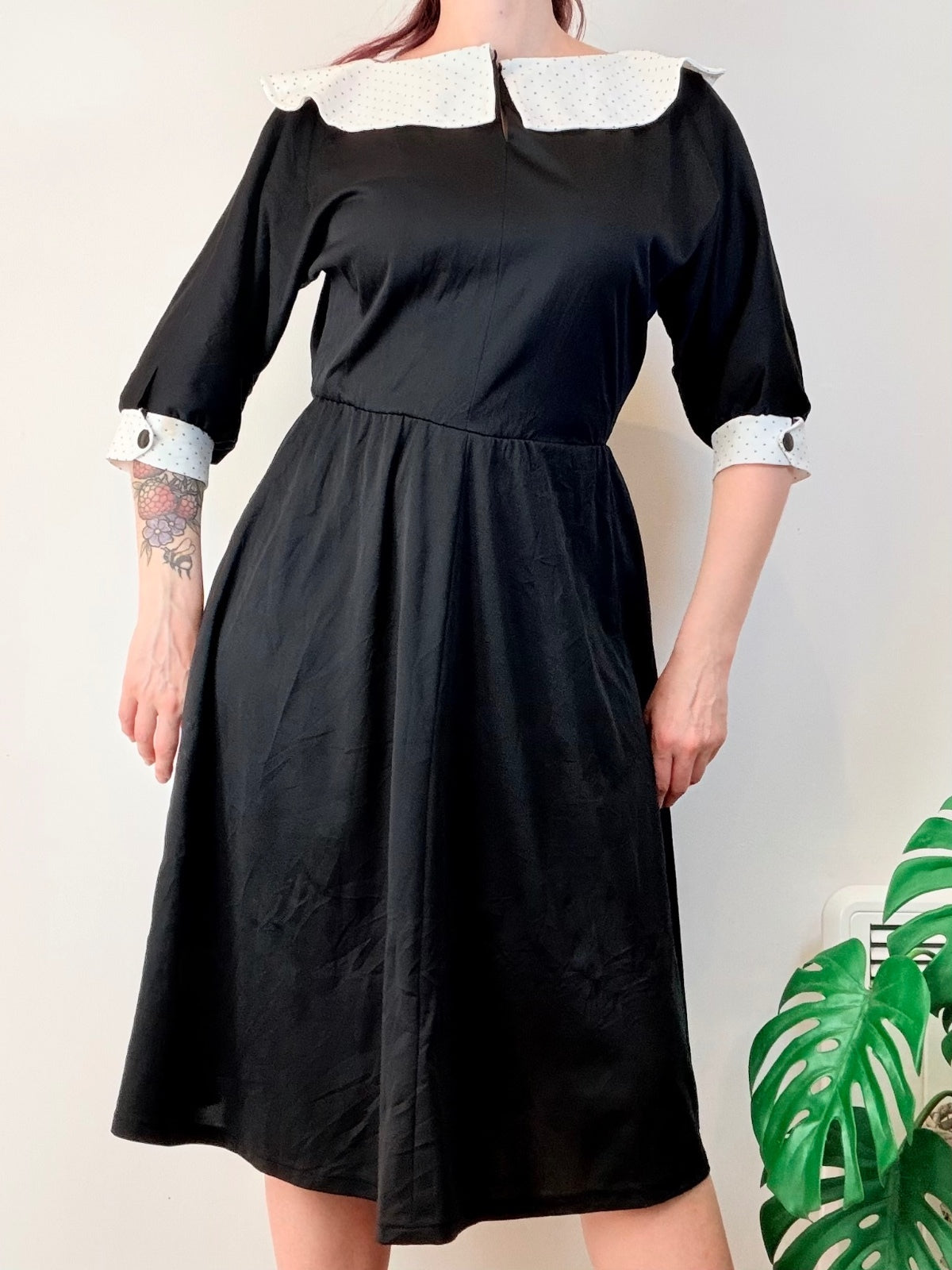 Vintage 1980s Black Dress Midi 3/4 Sleeves Polka Dot Collar and Cuffs Size 12