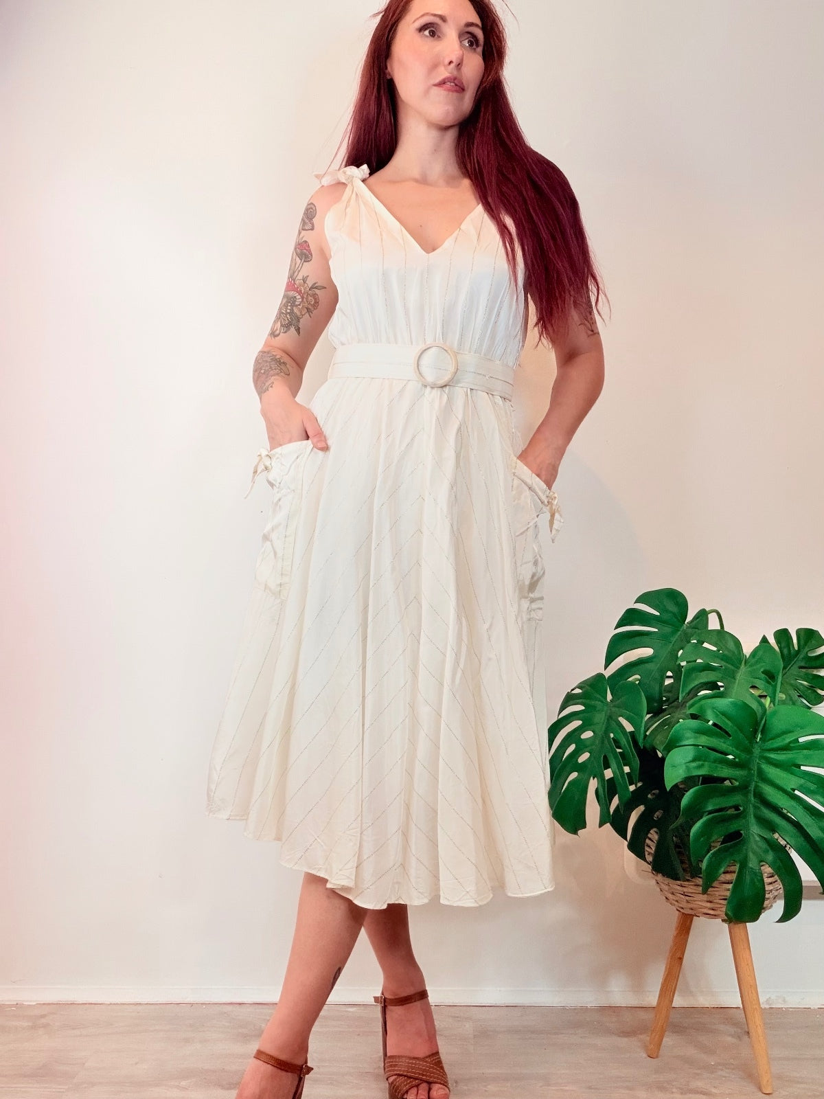 Vintage 1980s Midi Dress Cream with Belted Waist and Pockets Size 12