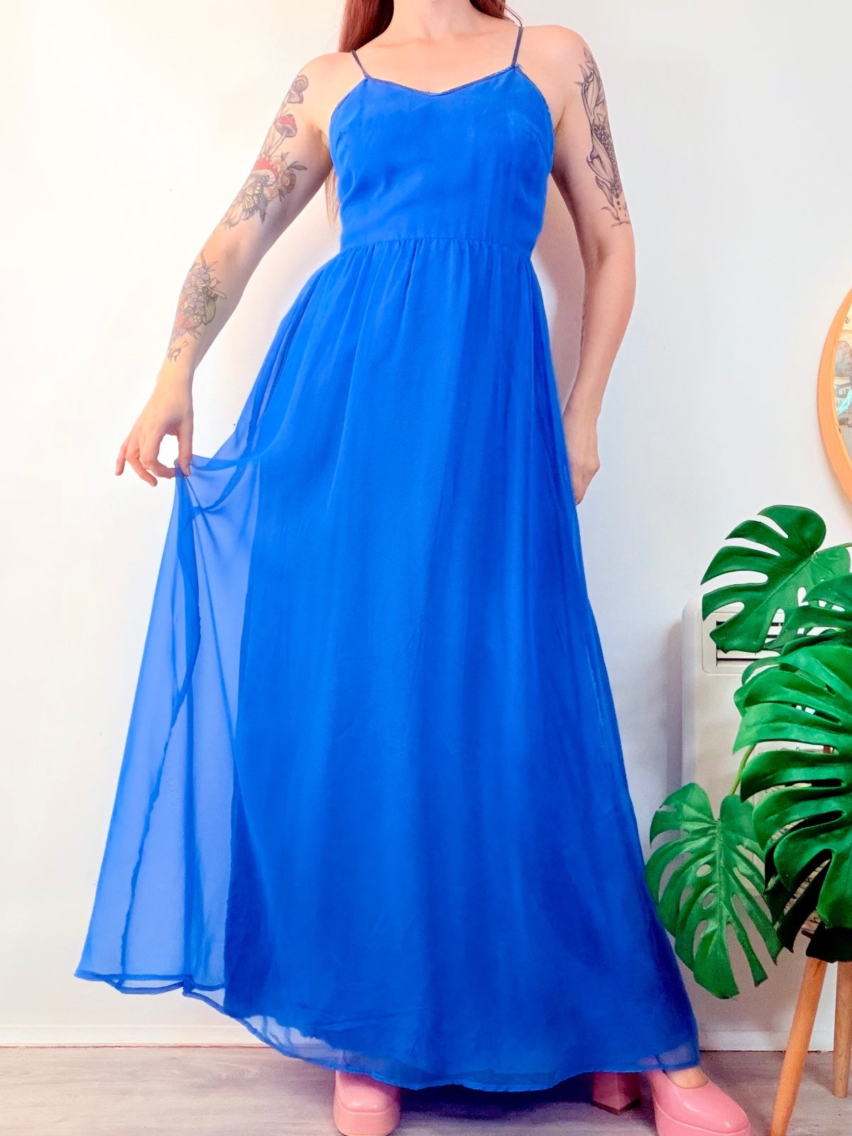 Vintage 1970s Maxi Dress By Vera Mont Long Floaty Spaghetti Straps Size 10