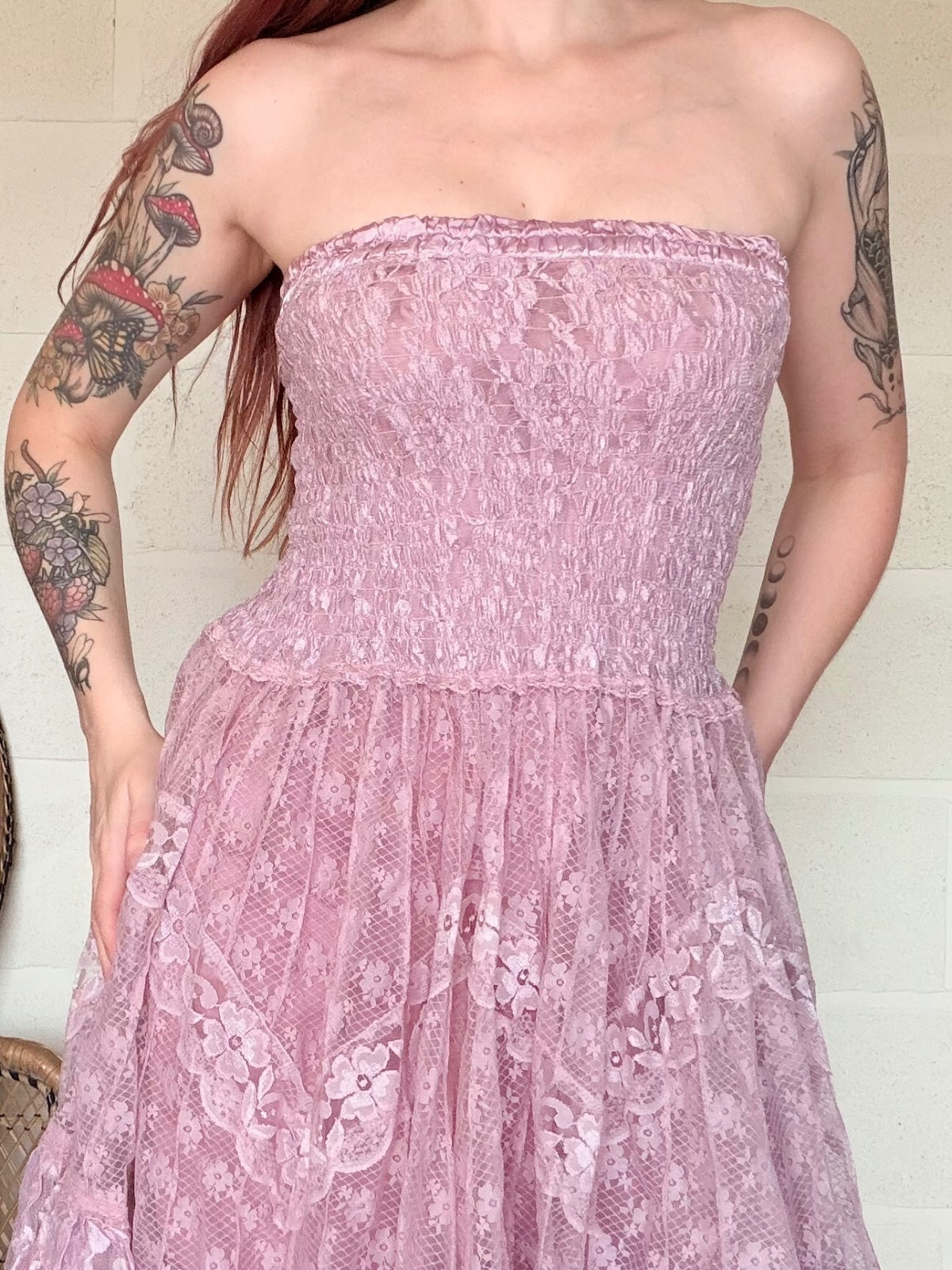 Boho lace summer dress Strapless Pink layered frilly fairycore dress size 8 10