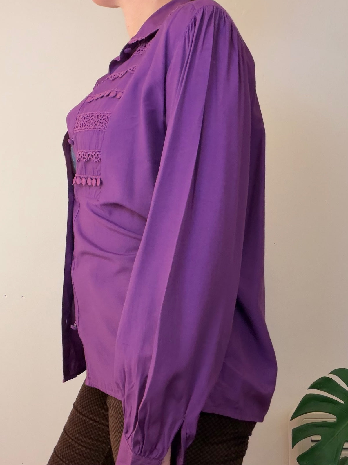 Vintage Long Sleeve oversized Blouse with Lace and Pom Pom Detailing Purple 12