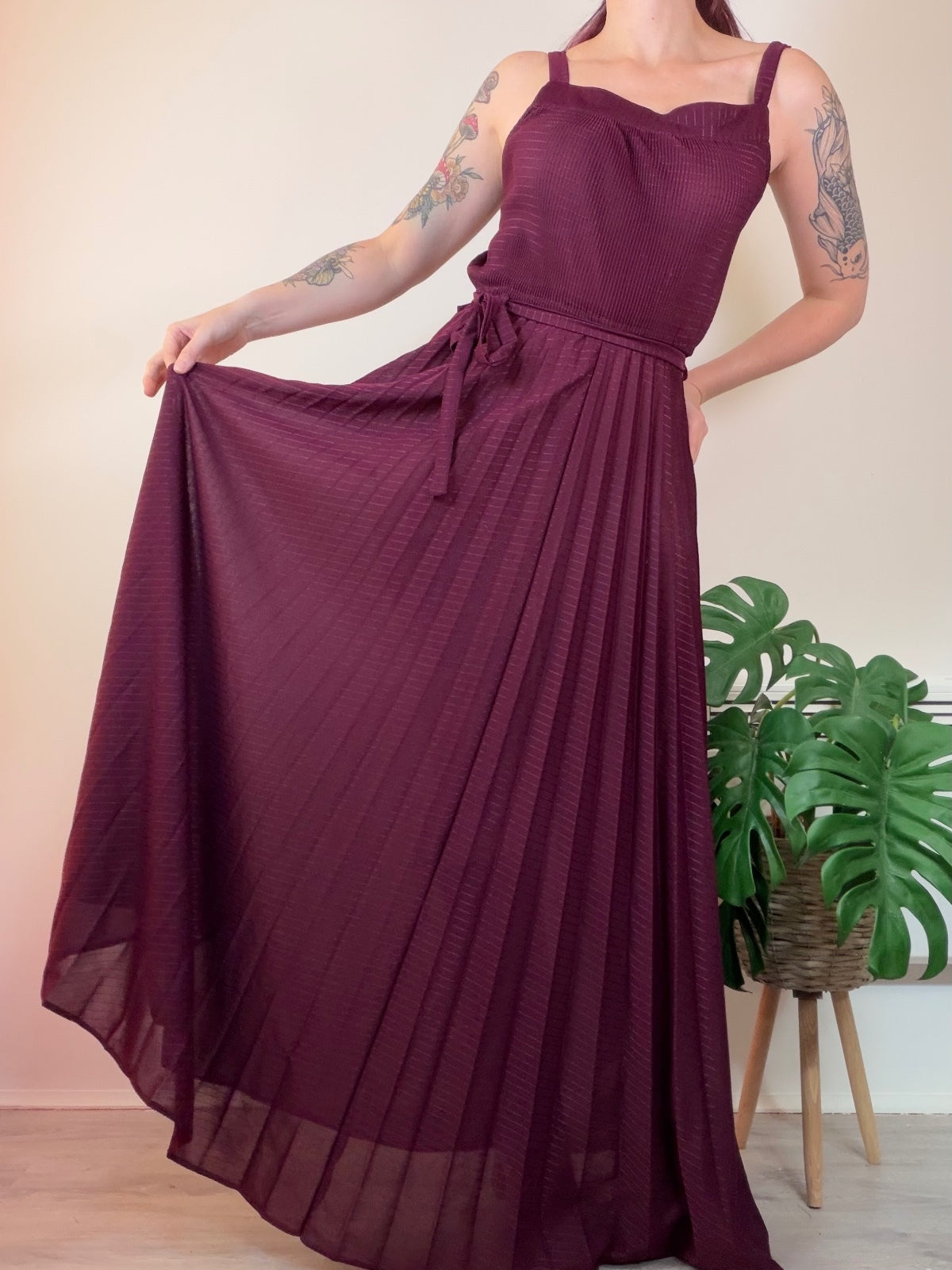 Vintage 1070s Maxi Dress Sheer Burgundy long Dress with Pleated Skirt Size 12 14