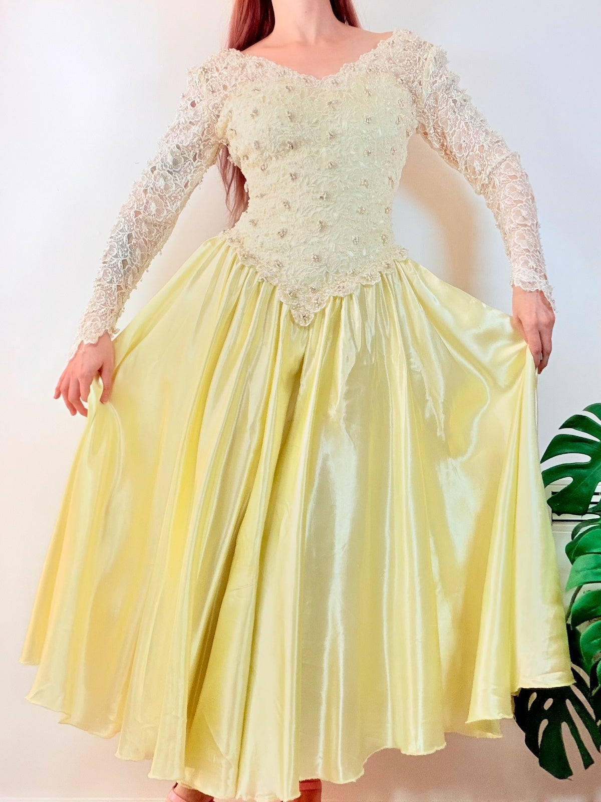 Vintage 1990s Cocktail Dress Lace Beaded Bridal Prom Gown Size 8 Yellow Satin