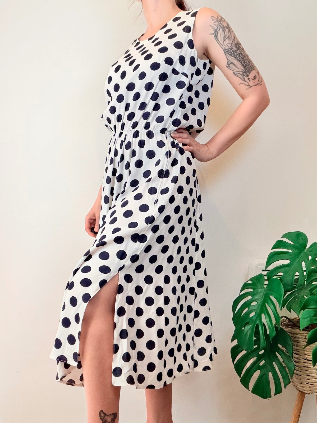 Vintage 1990s Summer Dress Sleeveless Polka Dot Midi Dress with Slits Size 14 16