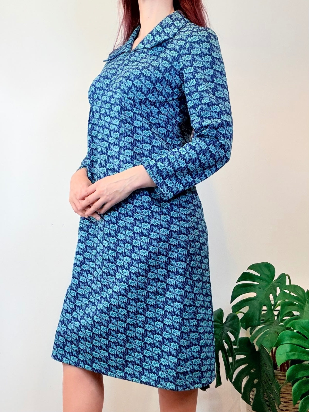 Vintage 1960s Shirt Dress Blue Patterned Long Sleeve Dress Size 16