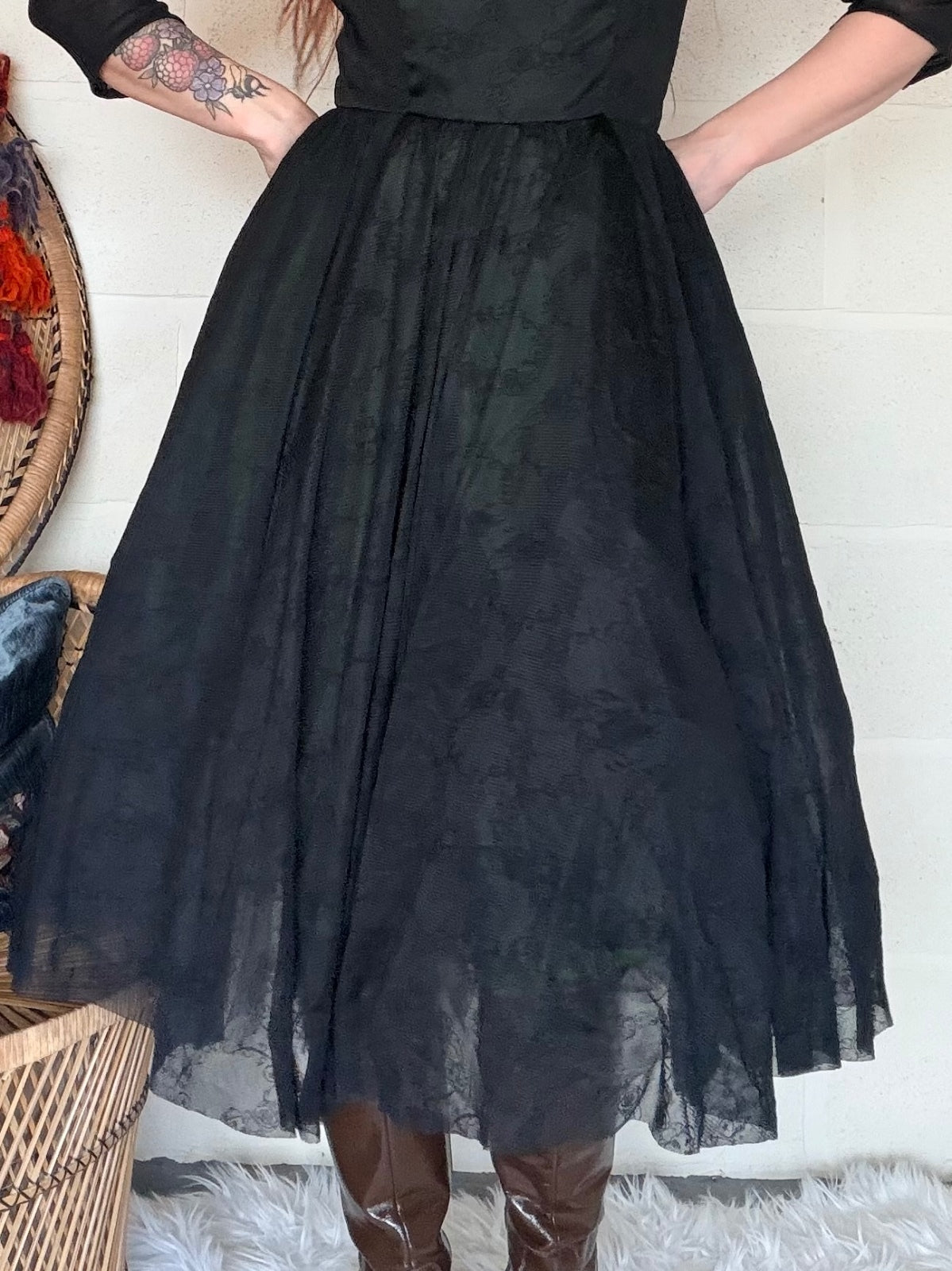 Vintage 1980s Party Dress Black Long Sleeve Midi Dress with Green Lining Size 10