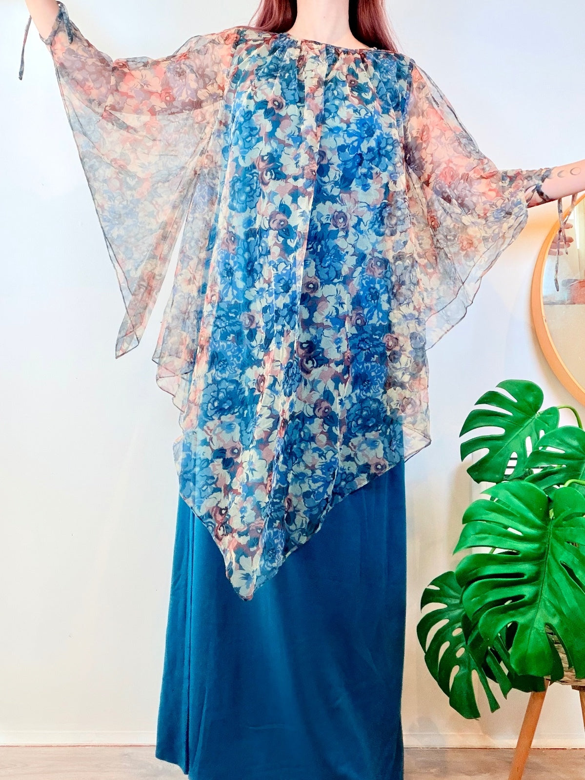 Vintage 1970s Maxi Dress With Flared Sleeves and Floaty Cape Hippie Boho Size 14