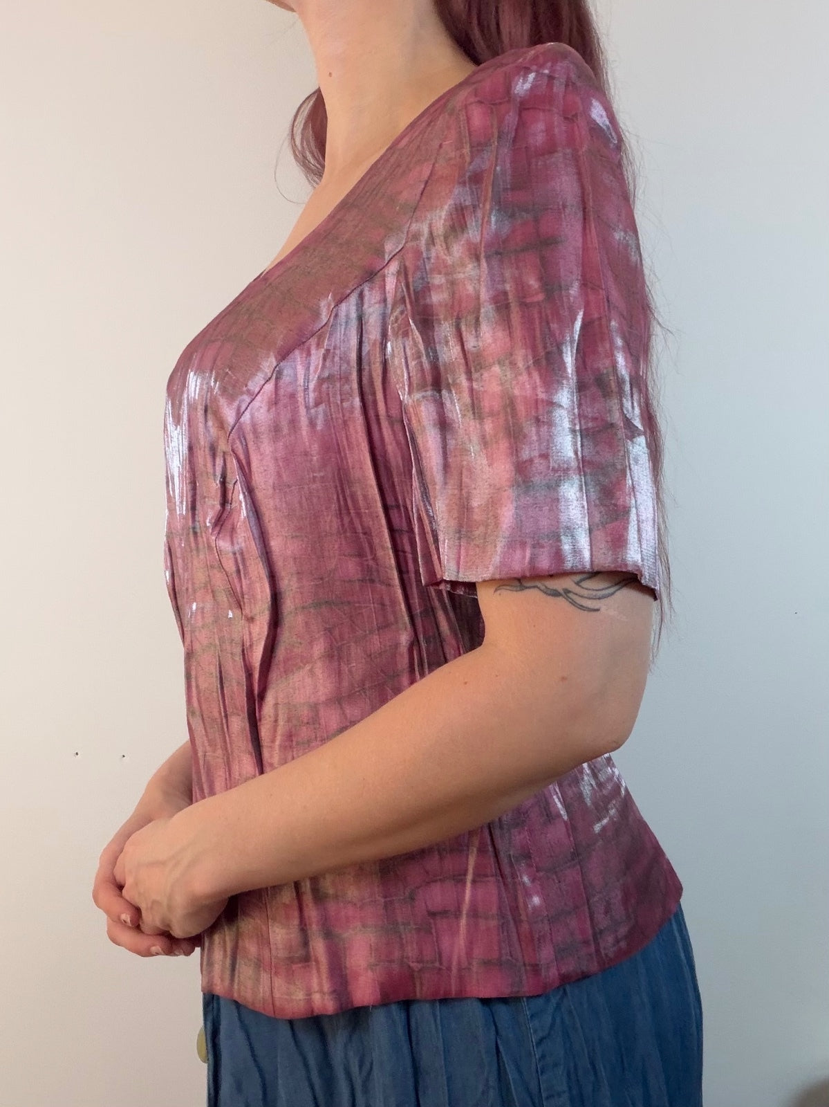 Vintage 1980s Blouse Shiny Pink Crocodile Patterned Top with Square Neck Size 16