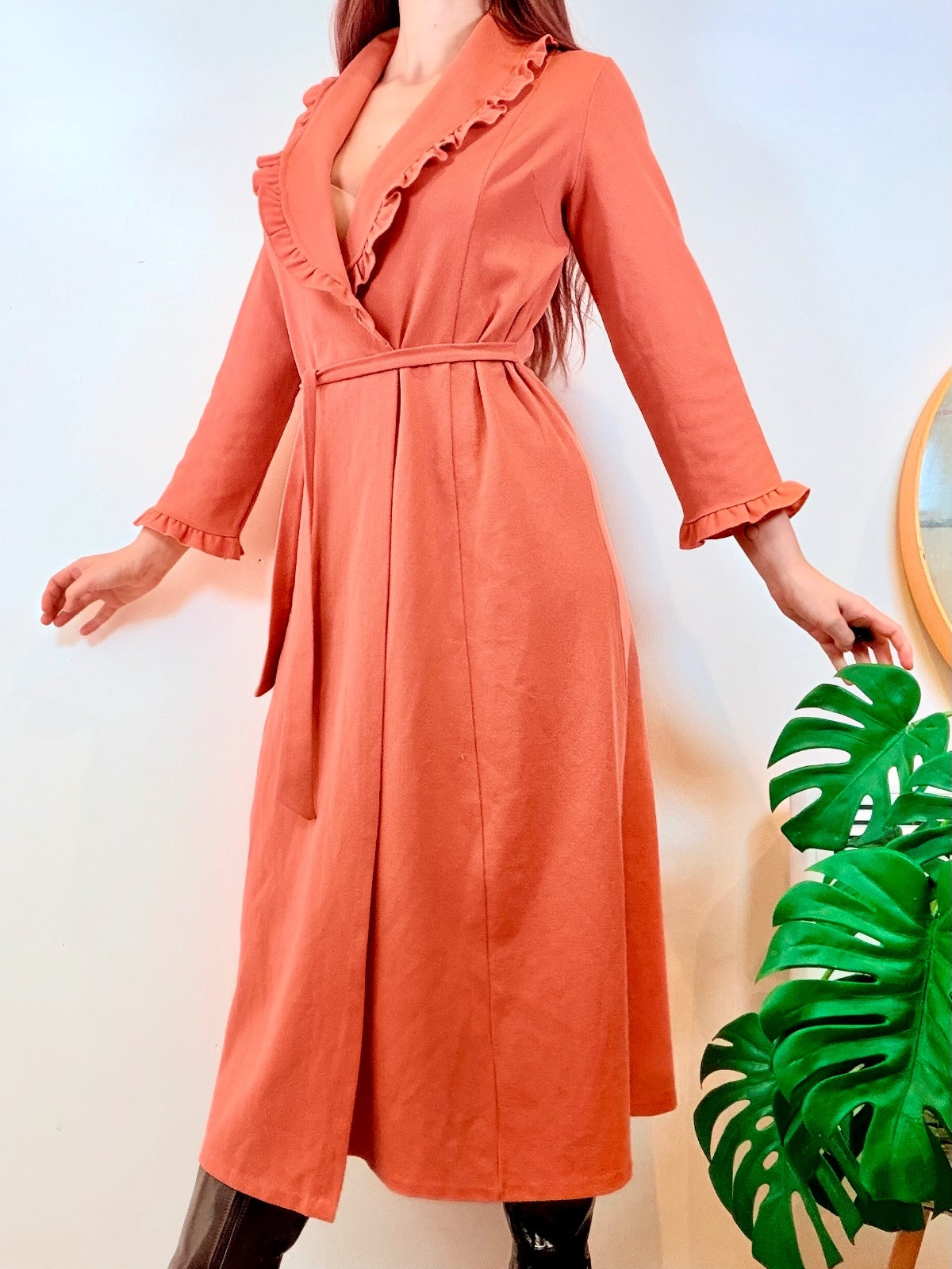 Vintage 1960s Duster Dress Jacket Ruffle Trim Long Sleeve House Coat Size 10 12