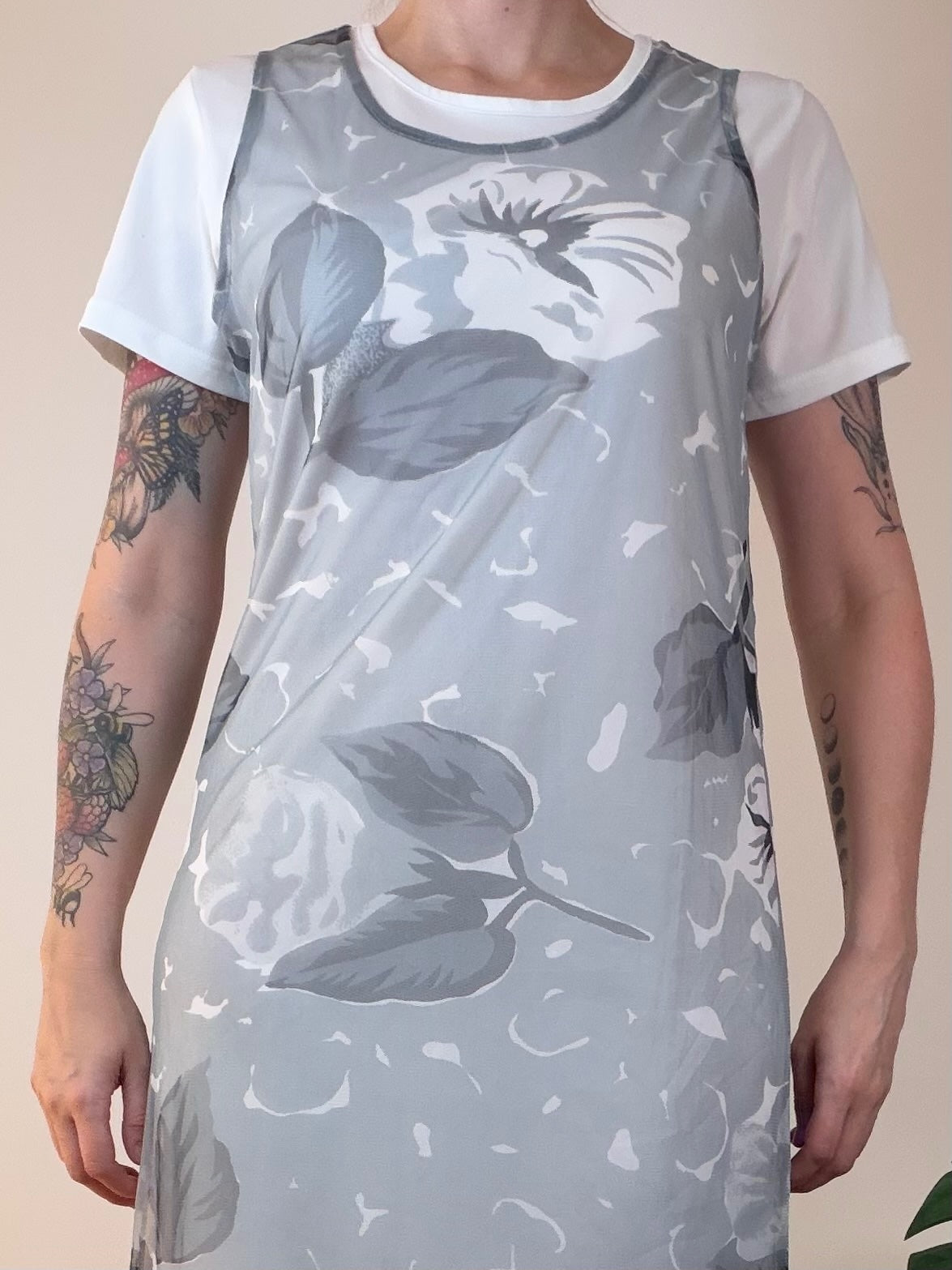 Layered Floral Maxi Dress with Sheer Overlay Grey White Y2K Style Size 14