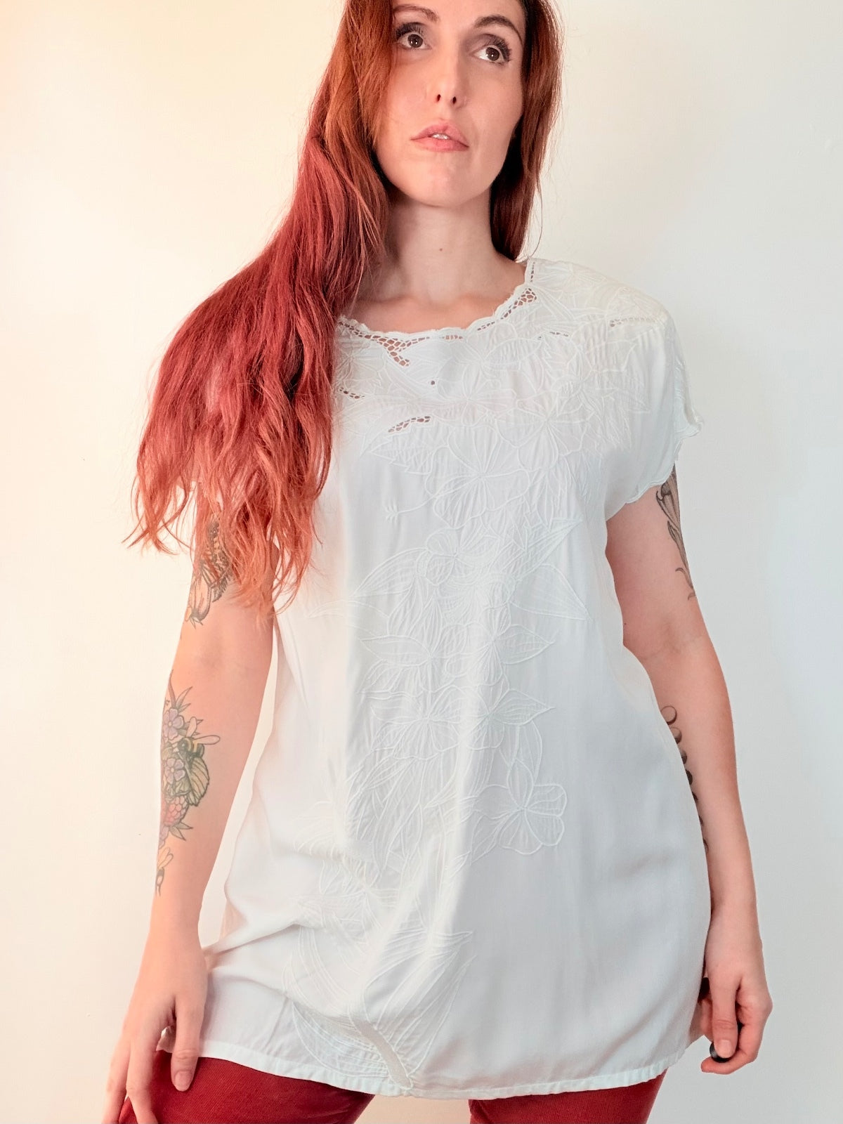 Vintage 1990s Embroidered Tunic Top with Lace Detail Size 16 to 18