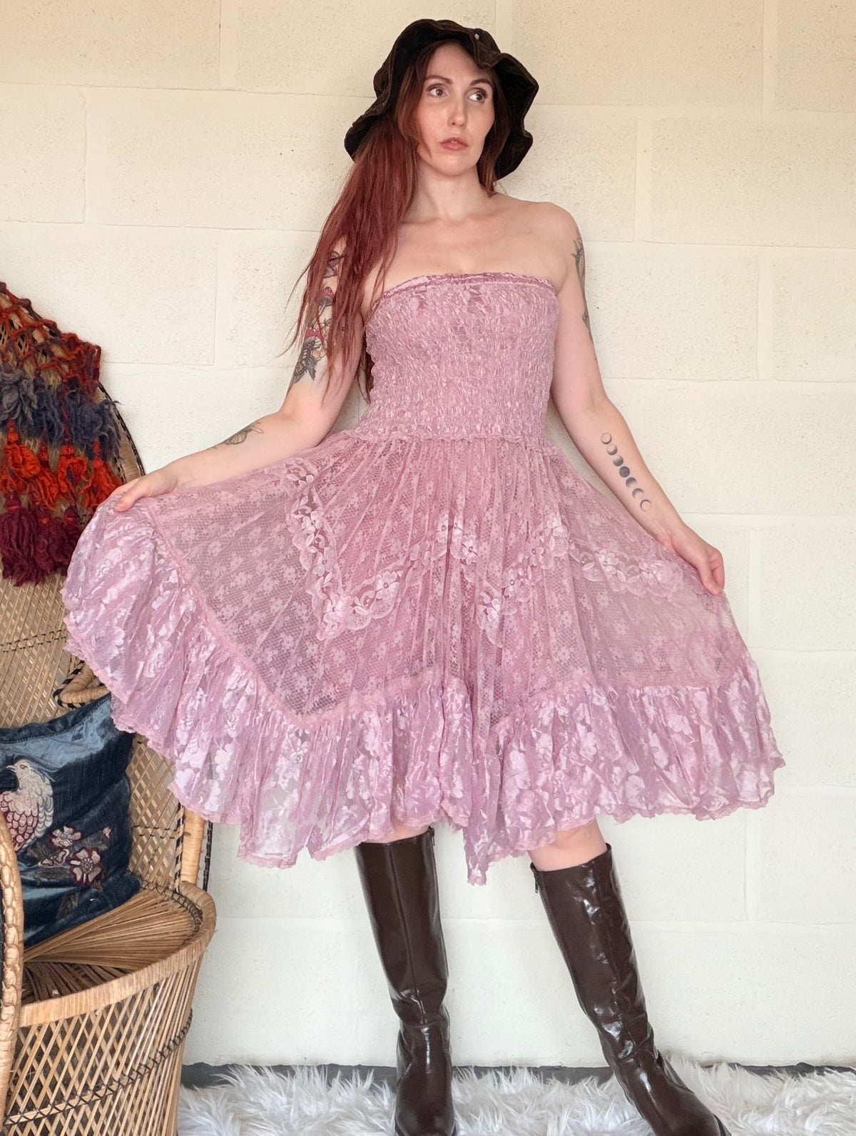 Boho lace summer dress Strapless Pink layered frilly fairycore dress size 8 10