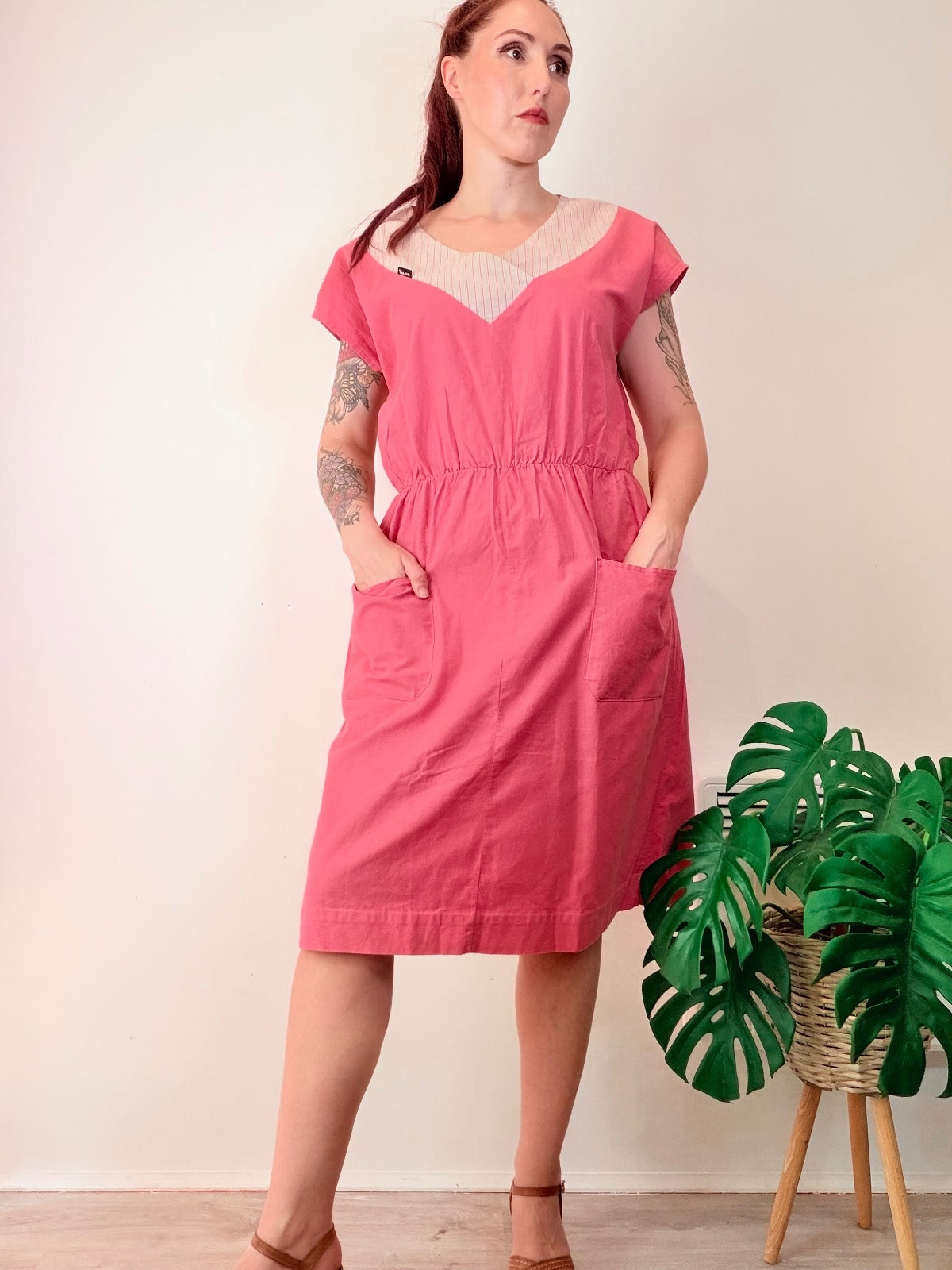 Vintage 1980s Summer Dress Pink Cotton Midi with Pockets Elastic Waist Size 18