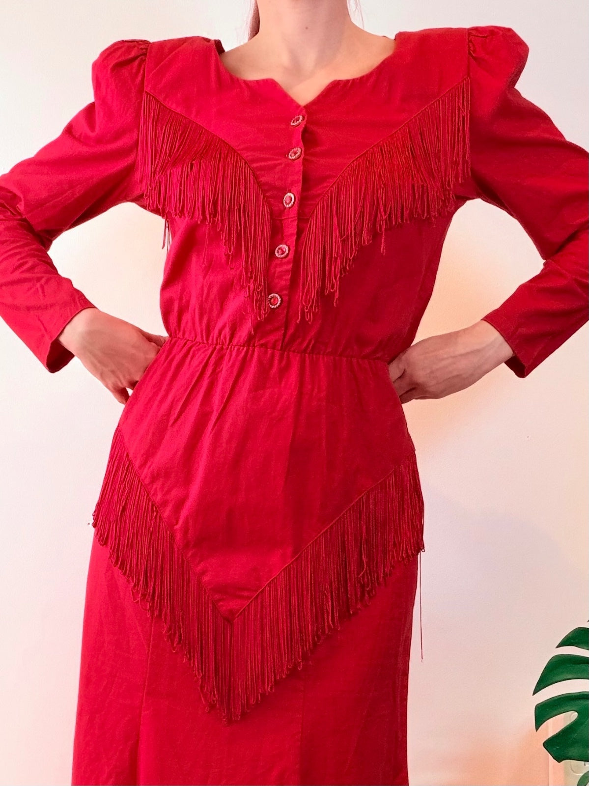 Vintage 1980s Tassel Dress Red Western Fringe Peplum Cotton long sleeve Size 12