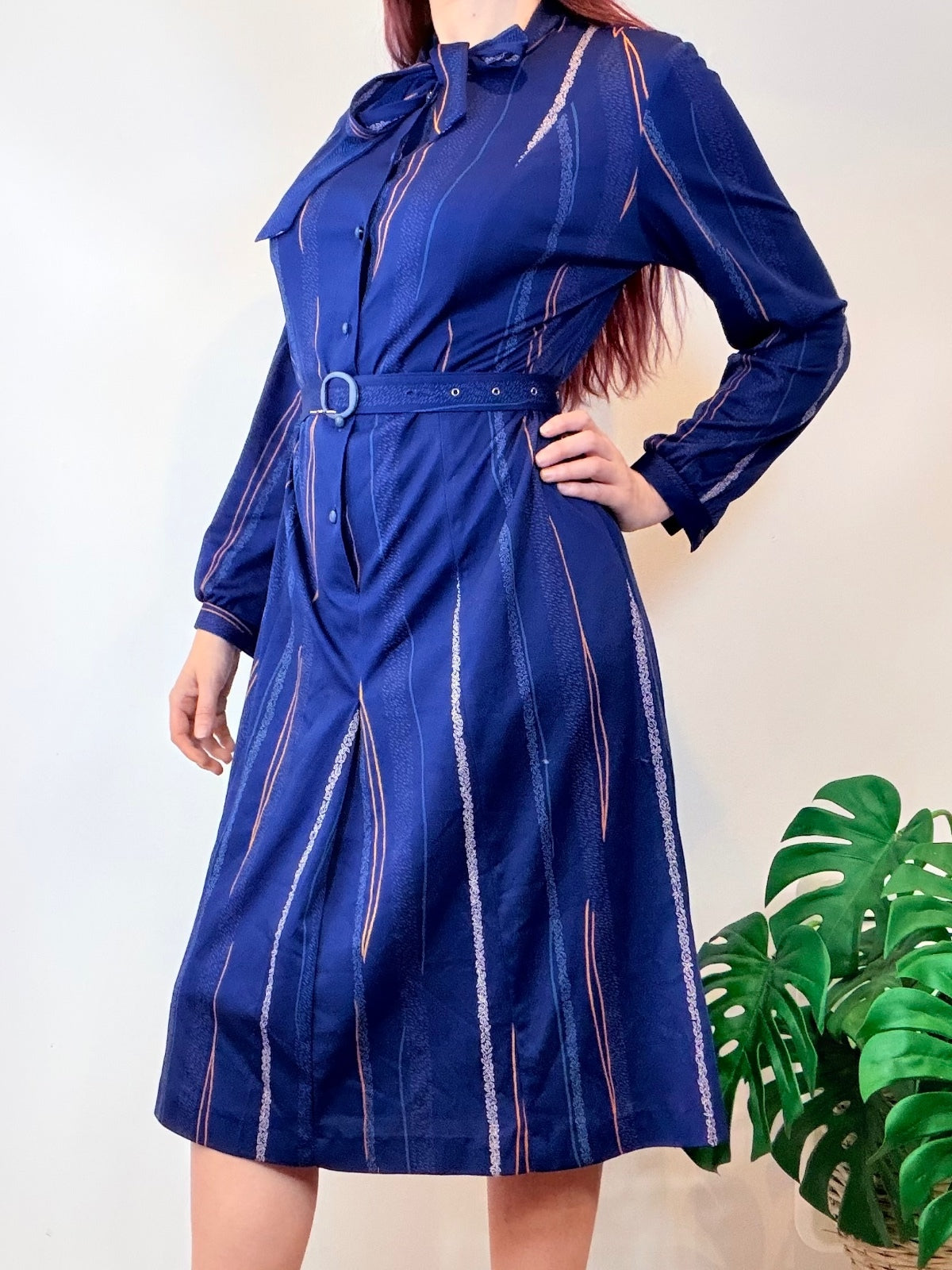 Vintage 1980s Shirt Dress Blue Belted Midi Dress with Bow Tie Collar Size 16
