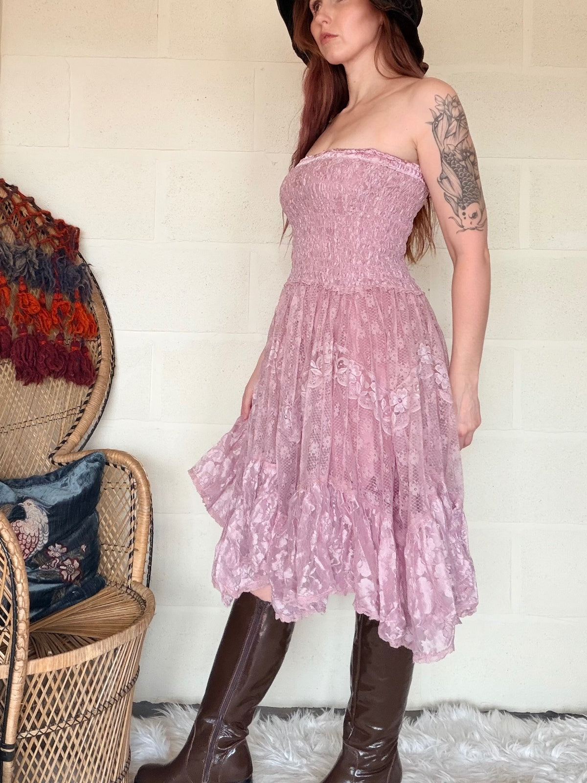 Boho lace summer dress Strapless Pink layered frilly fairycore dress size 8 10