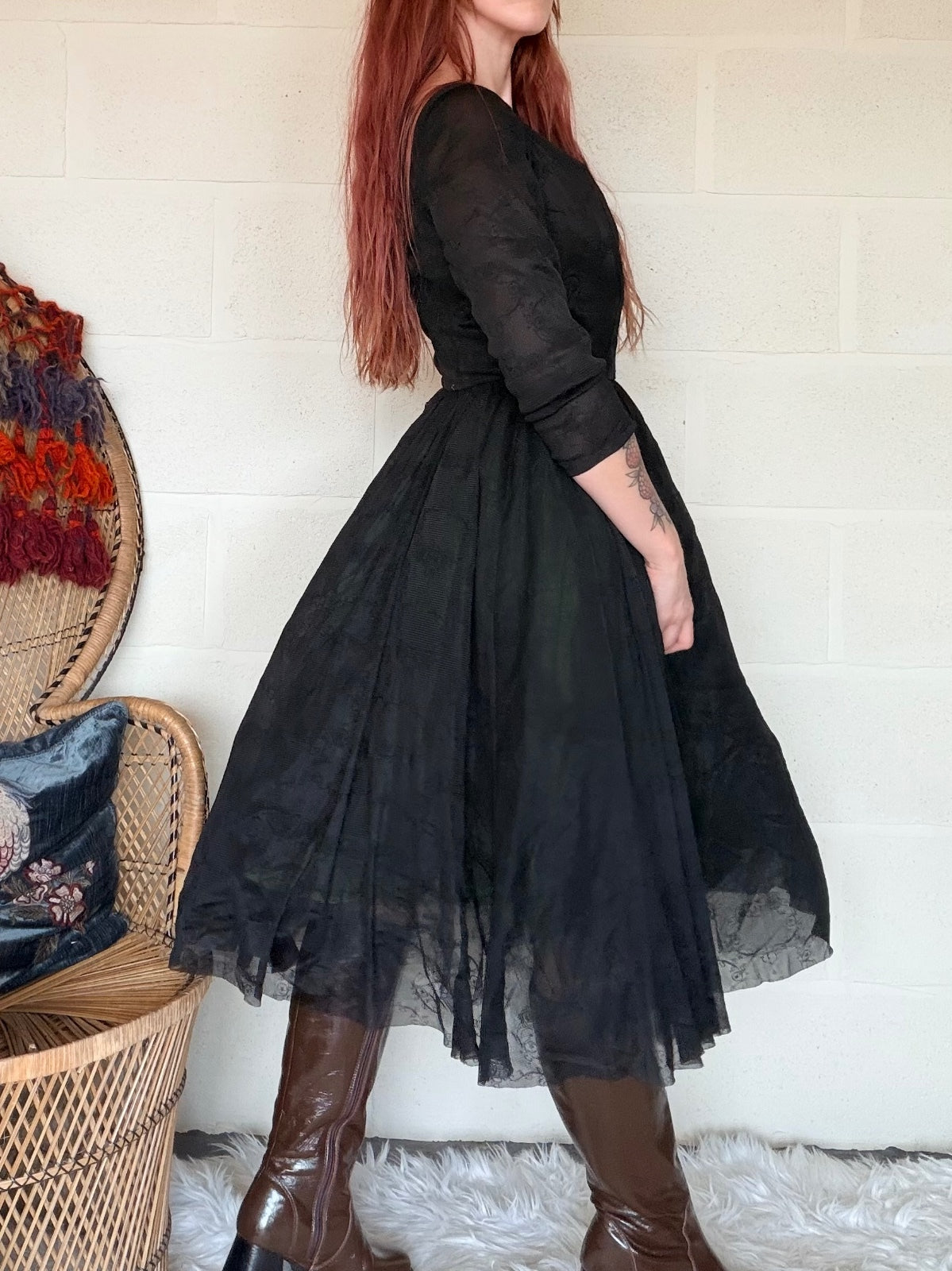 Vintage 1980s Party Dress Black Long Sleeve Midi Dress with Green Lining Size 10